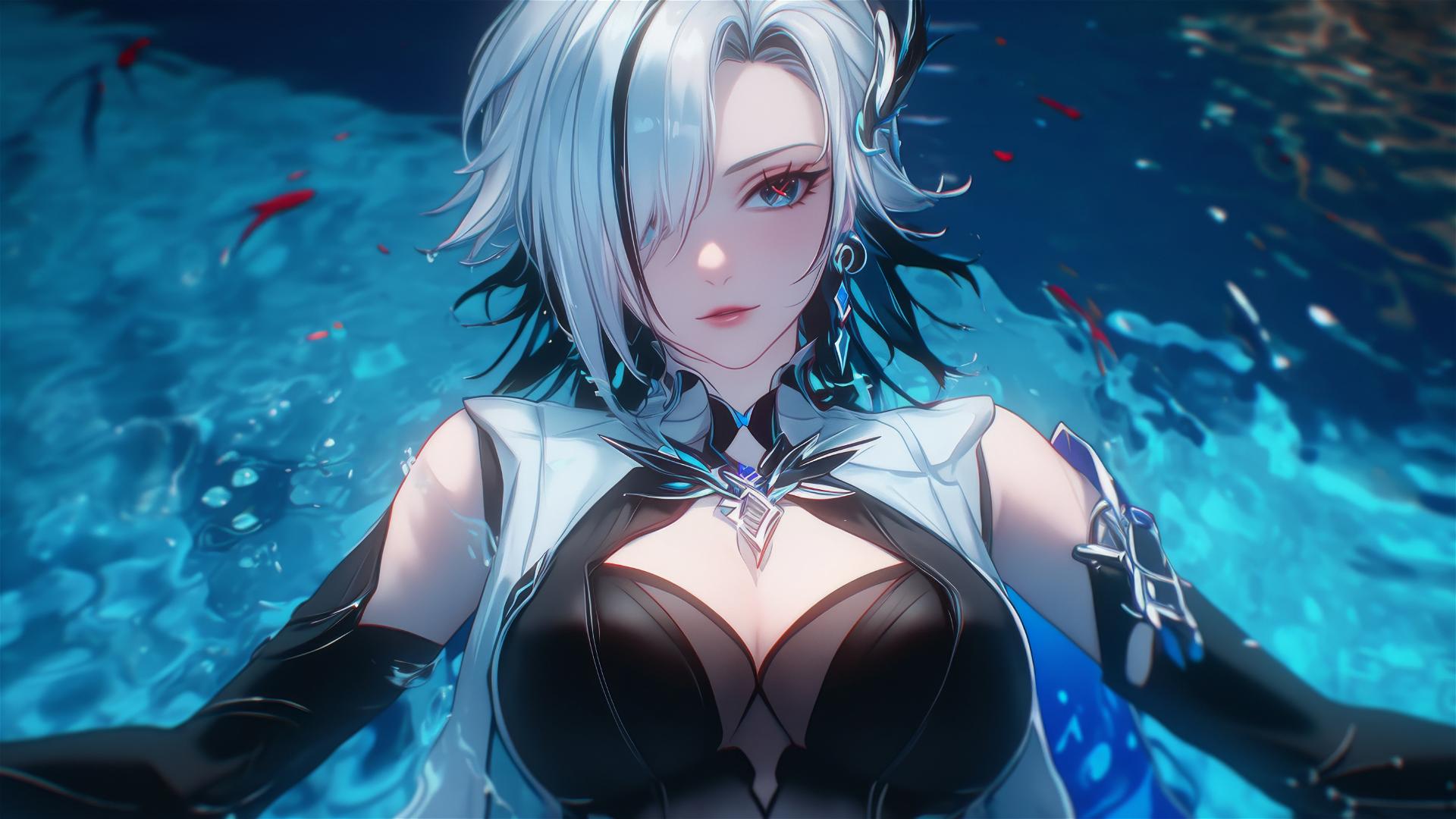 Arlecchino from Genshin Impact with snow white hair and black streaks, resting by a moonlit pool.