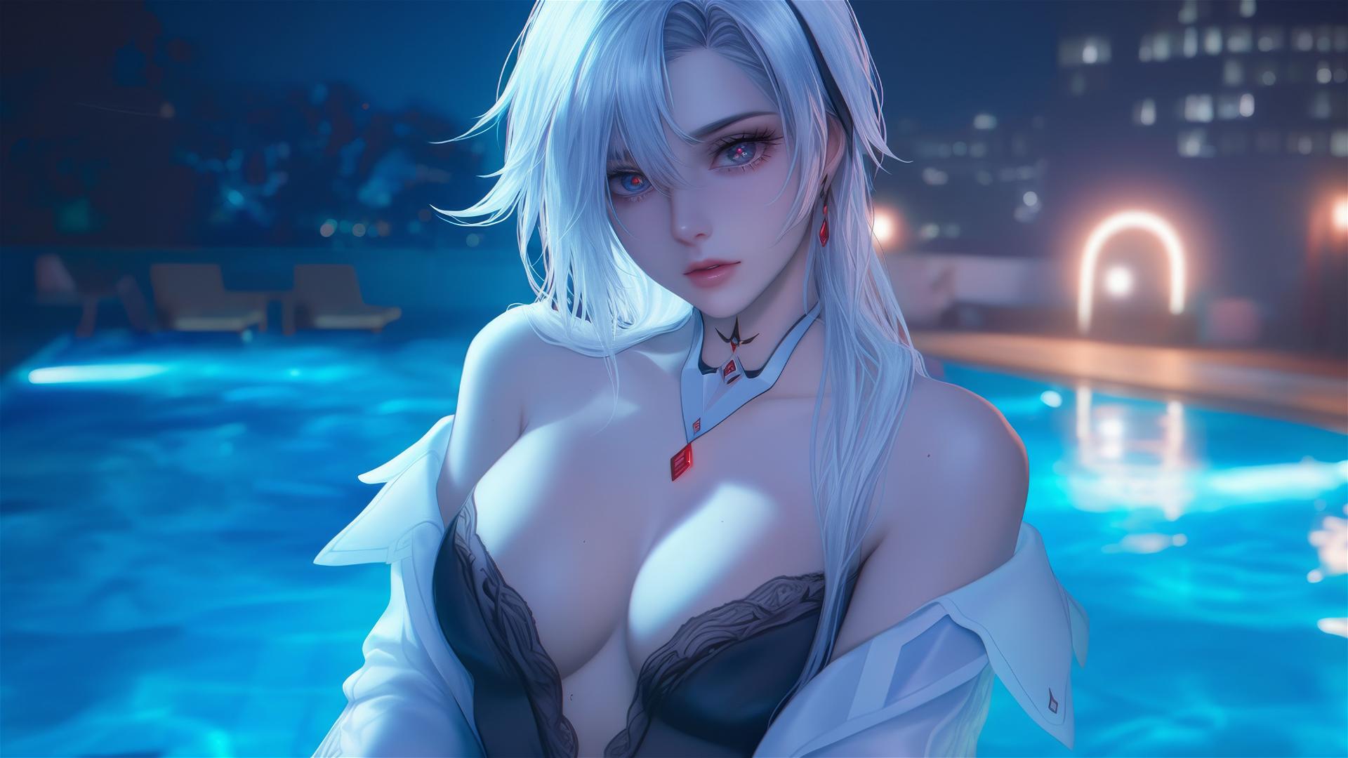 Arlecchino from Genshin Impact with snow white hair, black streaks, and red 'x' pupils, resting by a moonlit pool.