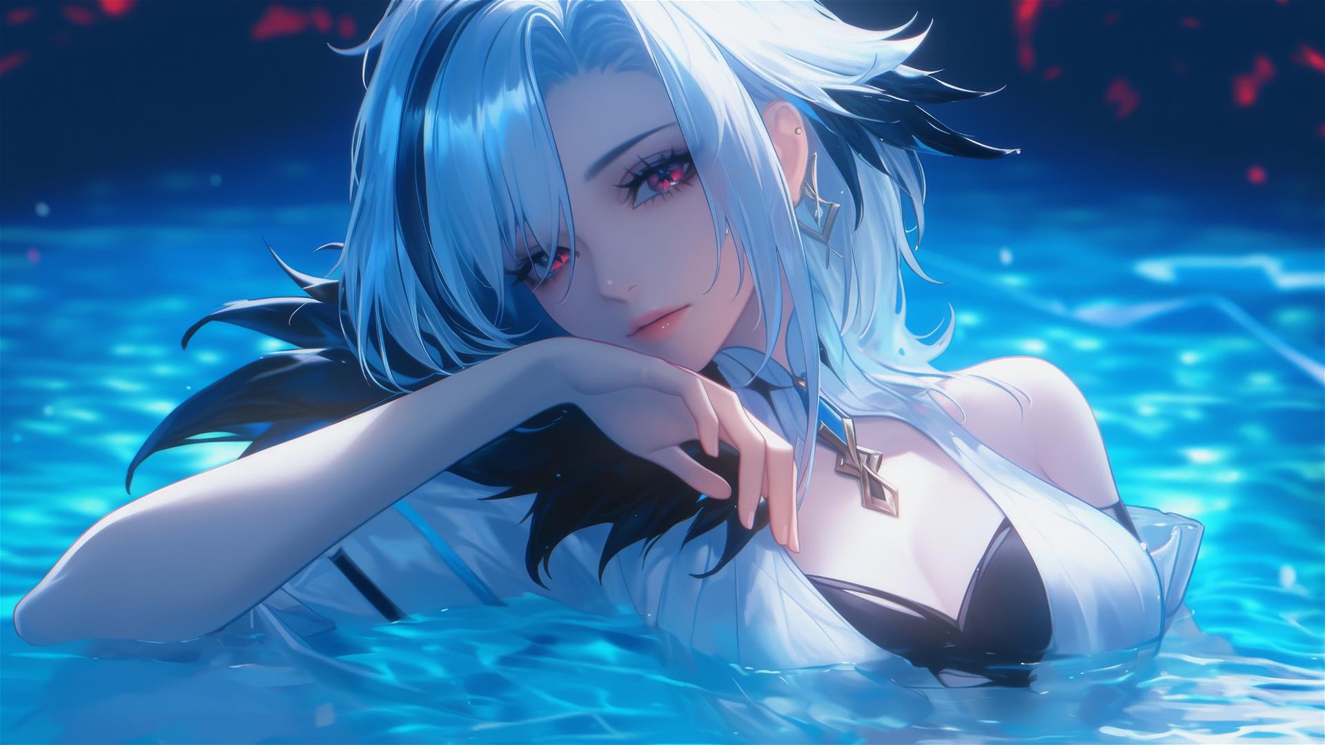 Arlecchino from Genshin Impact with snow white hair, black streaks, resting by a pool under moonlight.