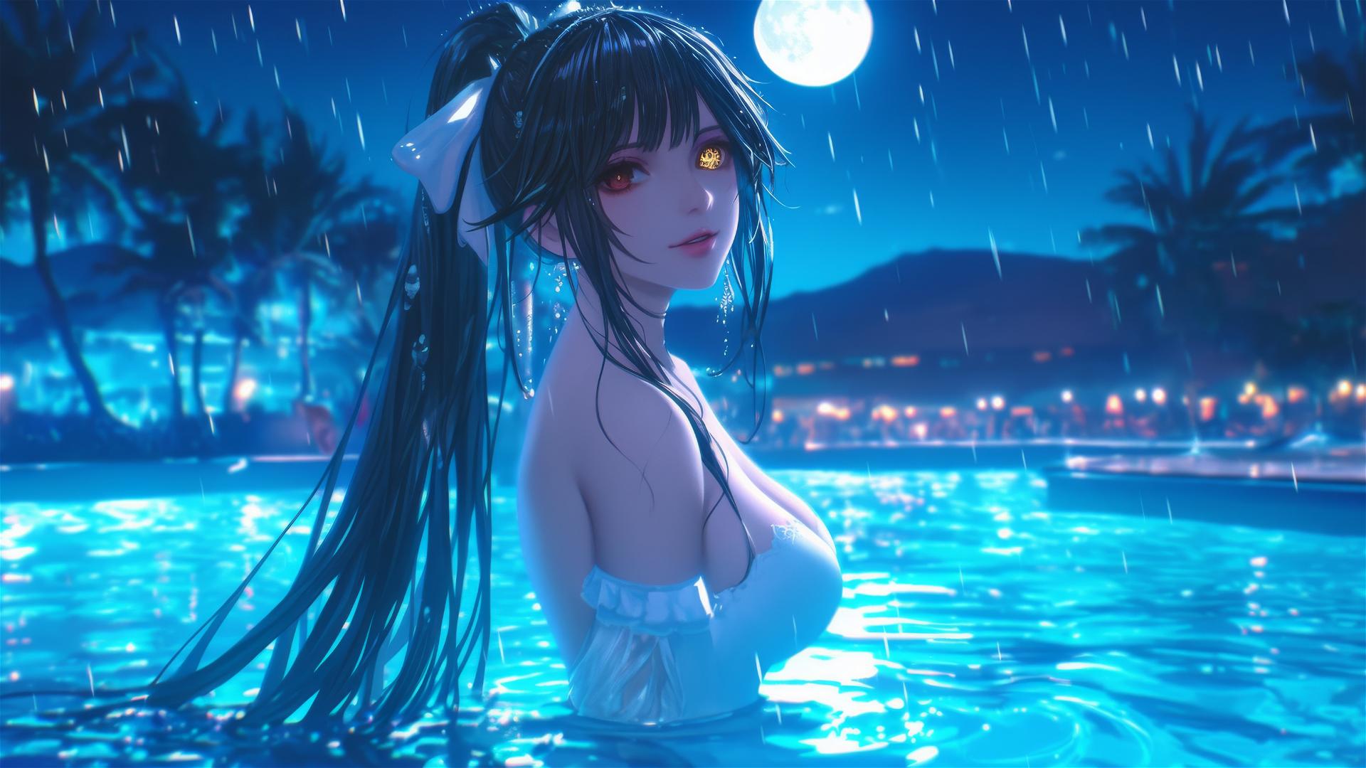 Kurumi Tokisaki in white dress under moonlit rainy pool