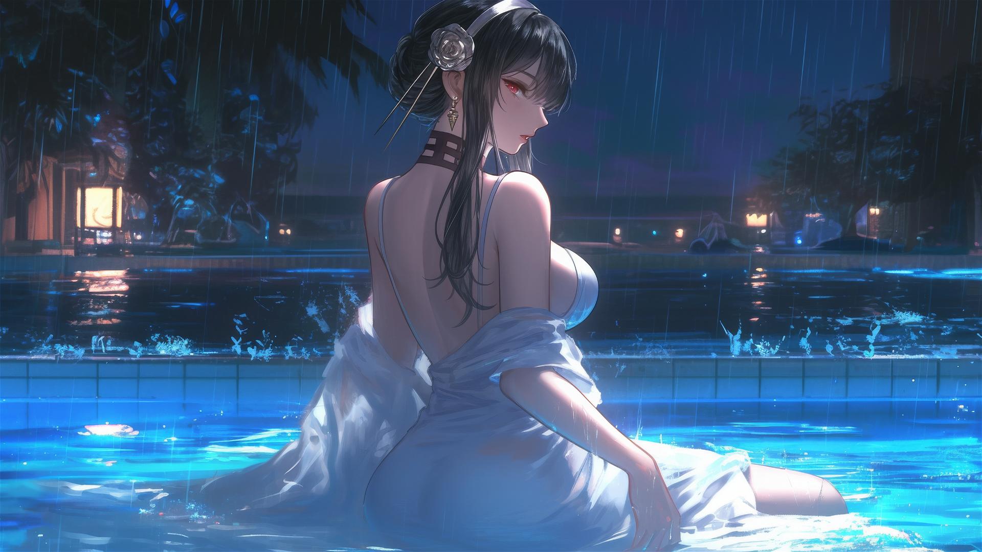 Yor Forger in white dress by moonlit rainy pool