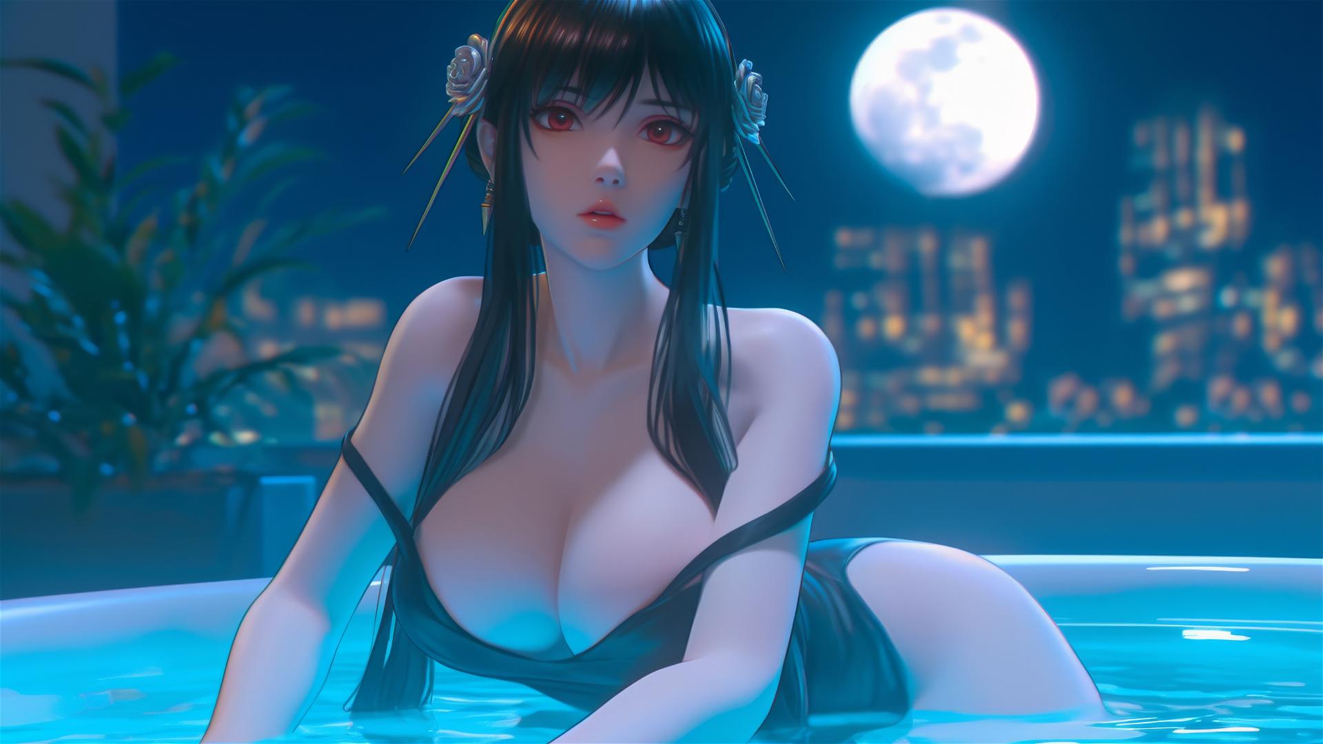 Yor Forger from Spy x Family resting in a tub with moonlight casting a soft glow