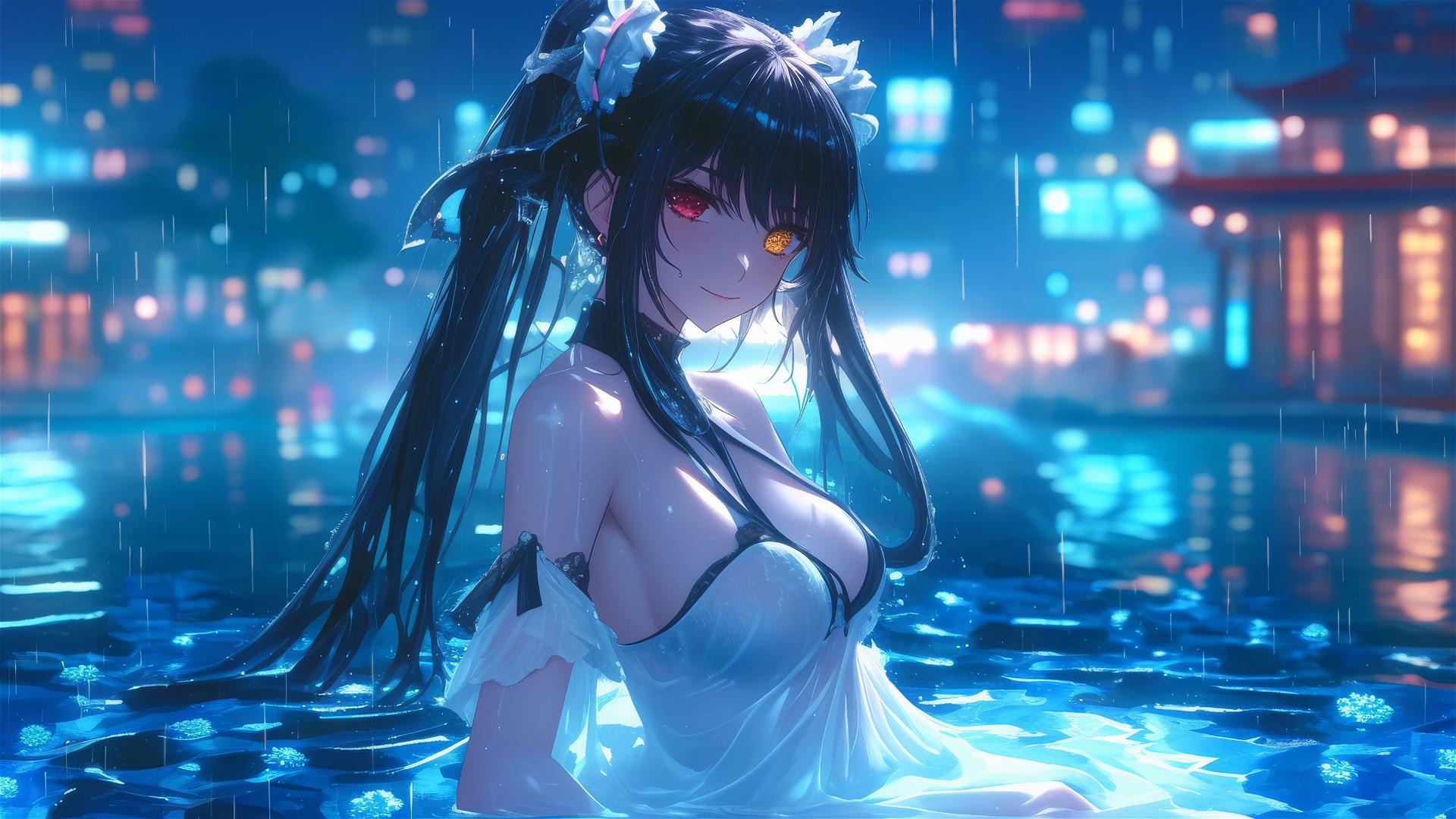 Kurumi Tokisaki under moonlight in a rainy pool, dressed in white