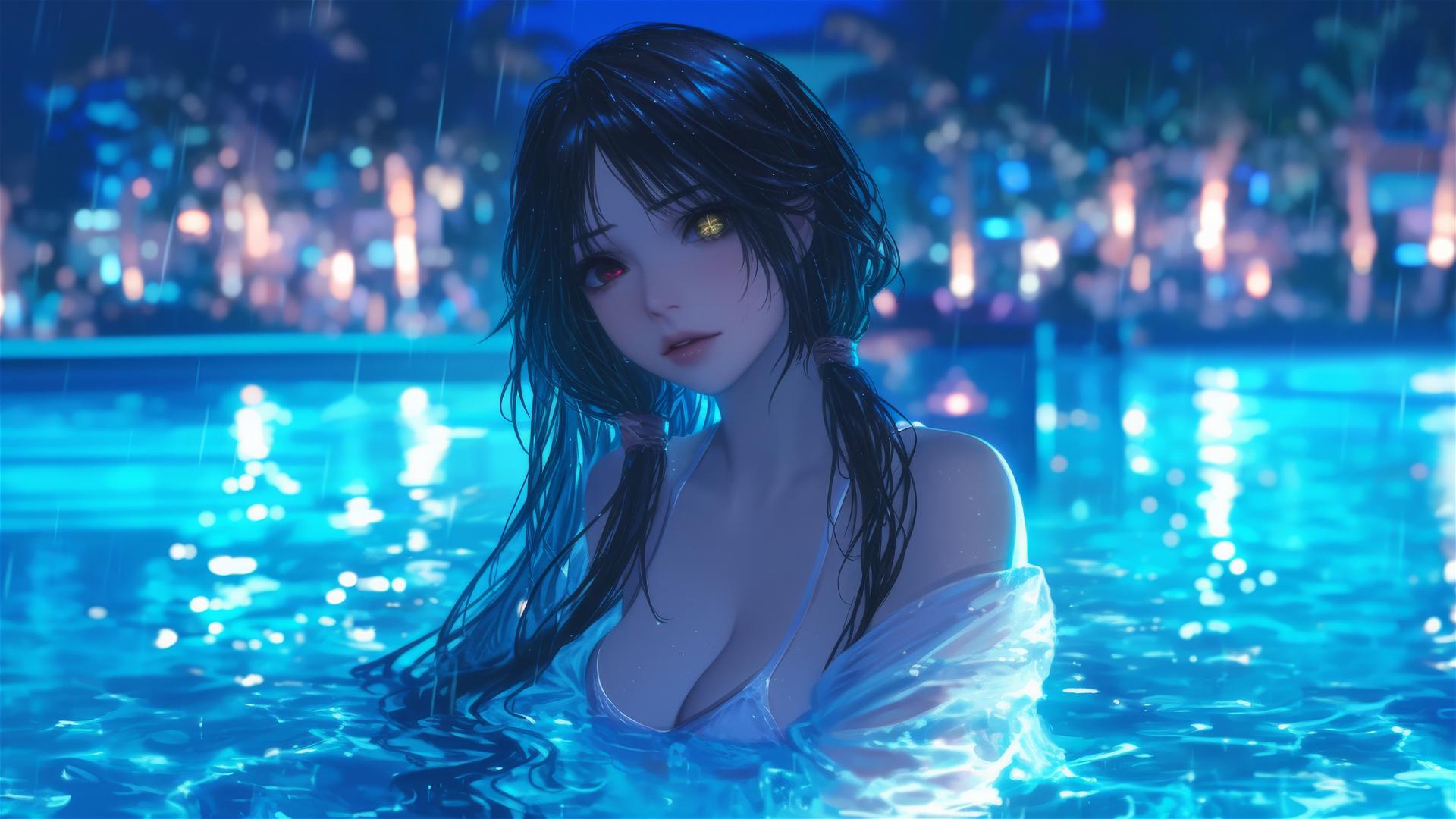 Kurumi Tokisaki in white dress standing in rainy swimming pool under moonlight