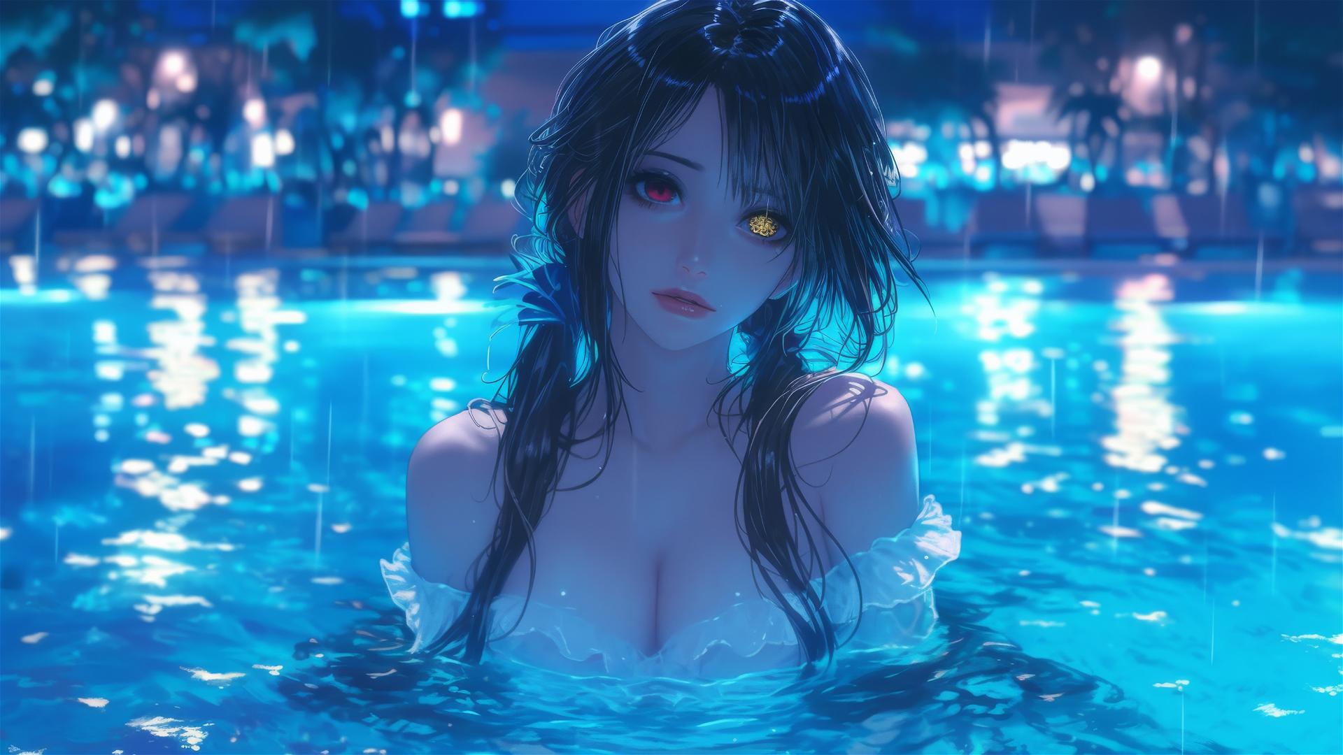Kurumi Tokisaki stands in a rainy pool under moonlight, her eyes red and yellow.