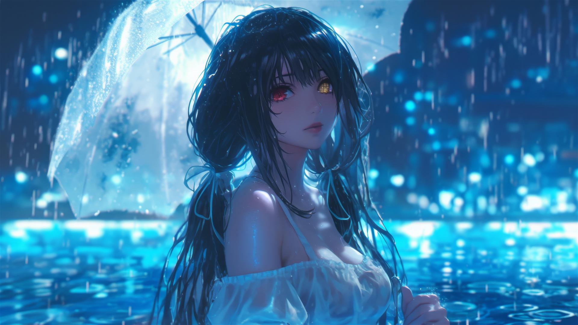 Kurumi Tokisaki from Date A Live standing in a rainy pool with a moonlit glow, wearing a white dress, and having one red and one yellow eye.