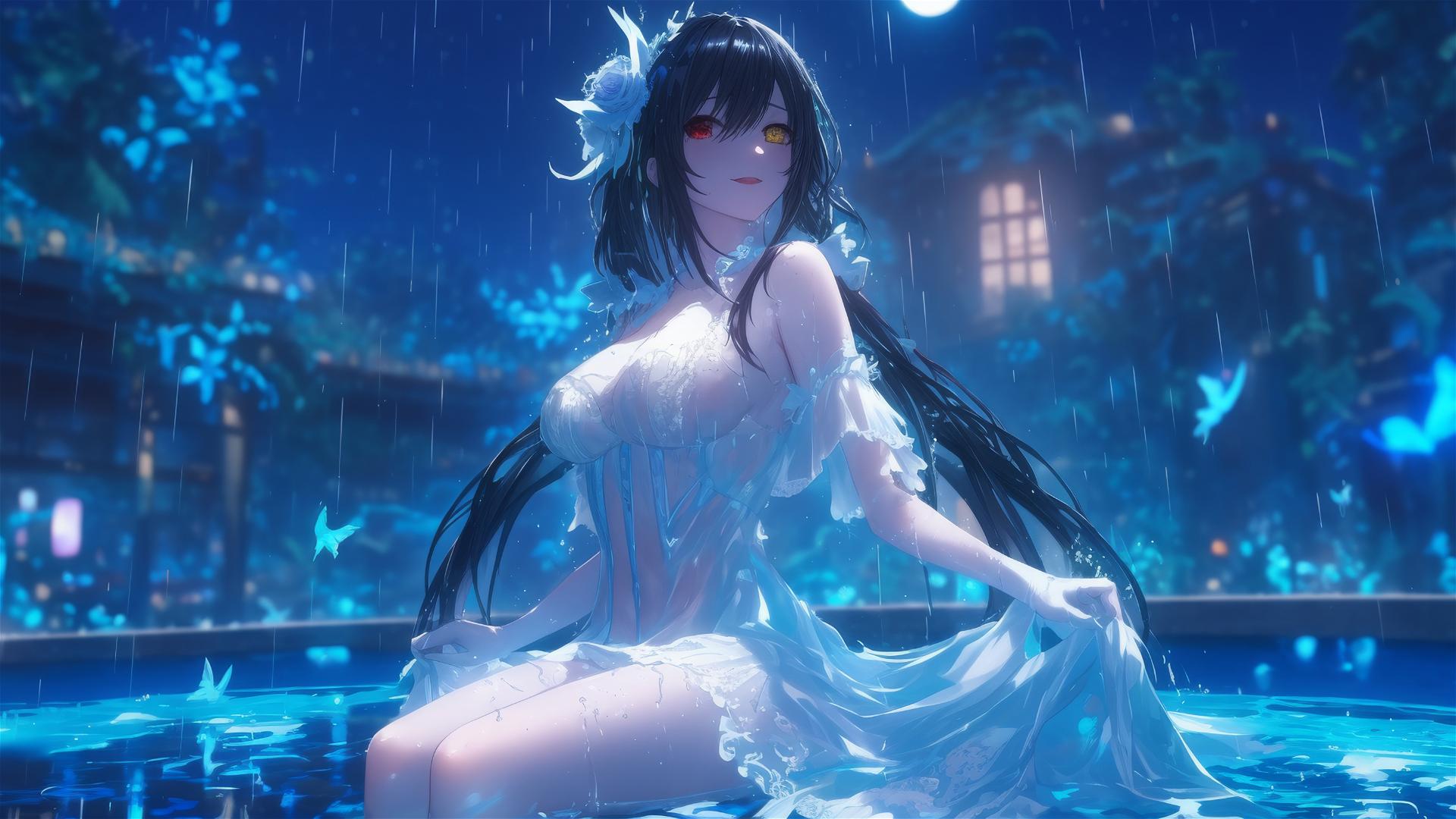 Kurumi Tokisaki from Date A Live standing in a rainy pool, illuminated by moonlight, wearing a pure white dress