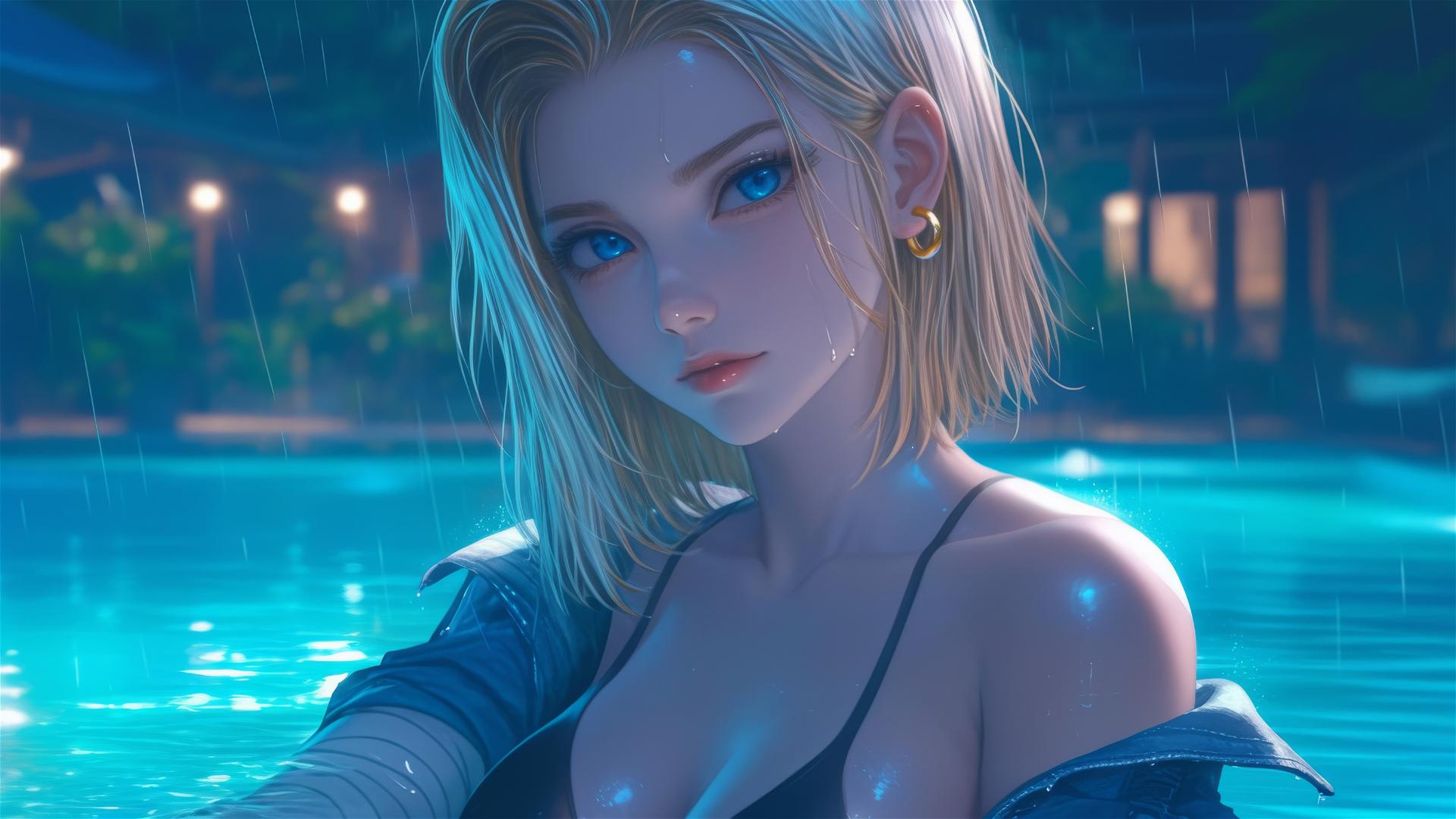 Android 18 by rainy pool with moonlight glow