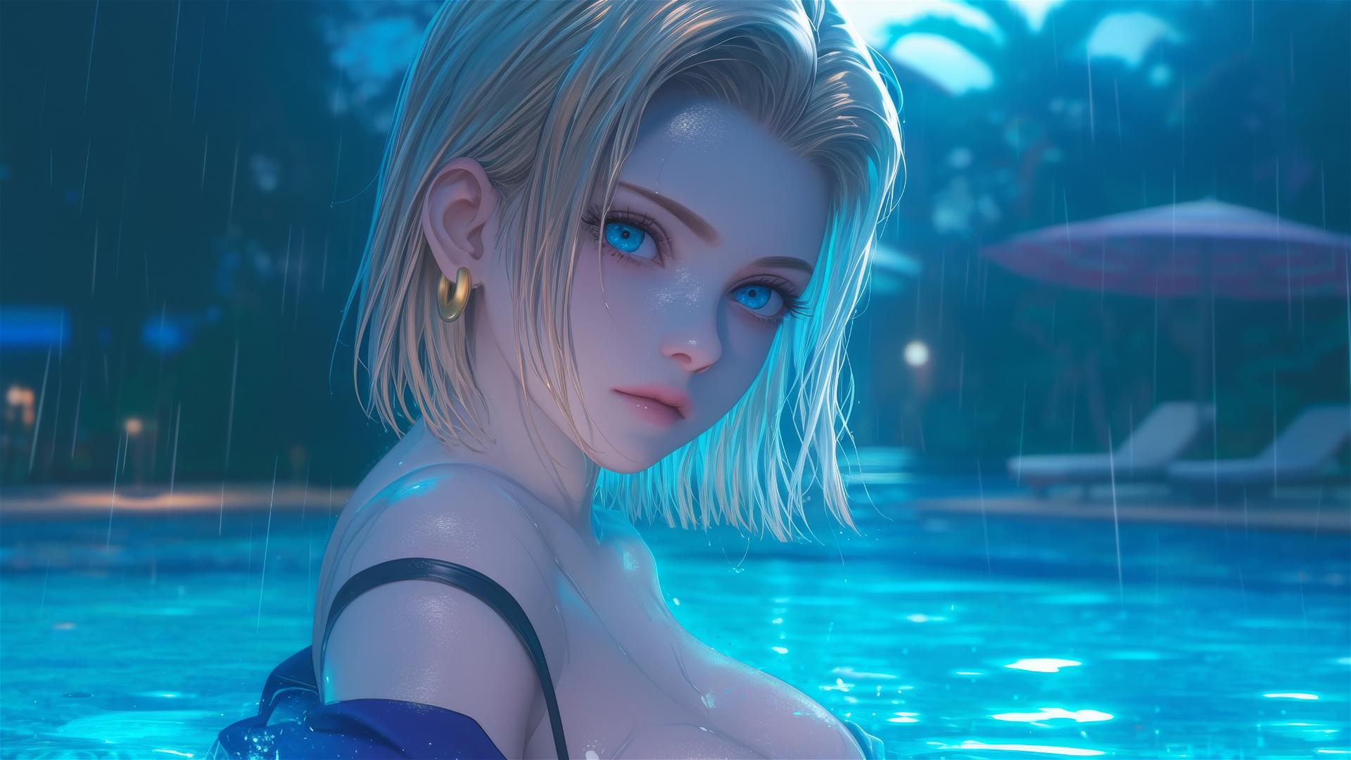 Android 18 resting by a rainy pool with moonlight glow