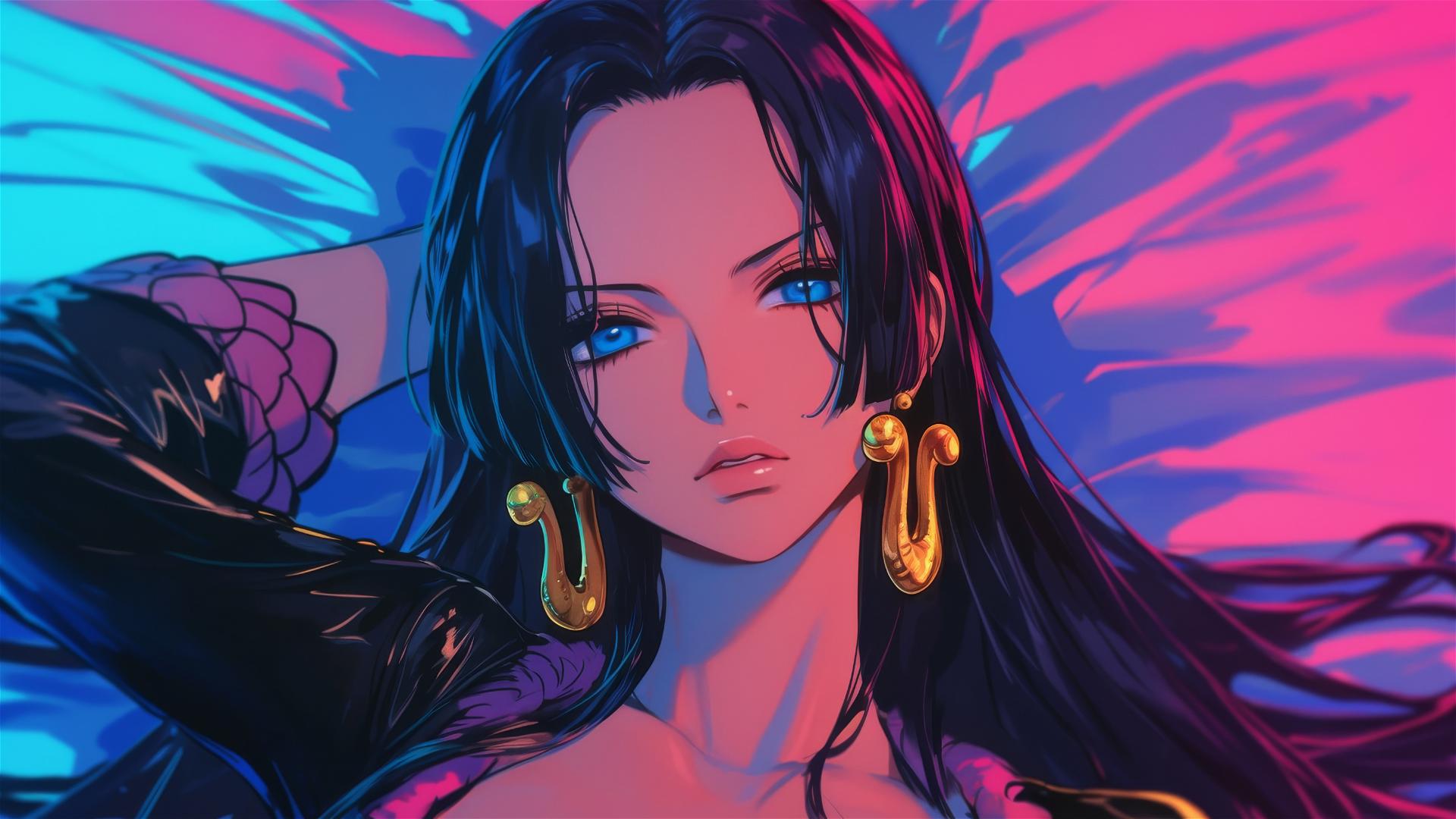 Boa Hancock in black and pink leather on bed, gold earrings, neon colors