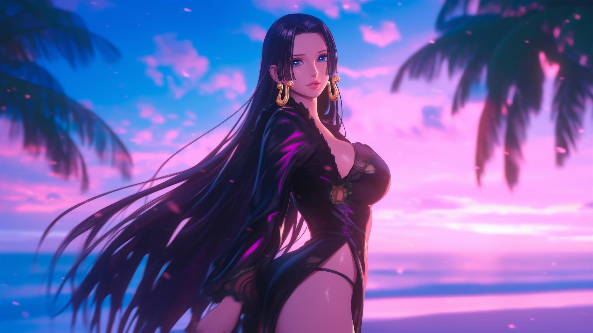 Boa Hancock in black and pink leather on a beach at sunset