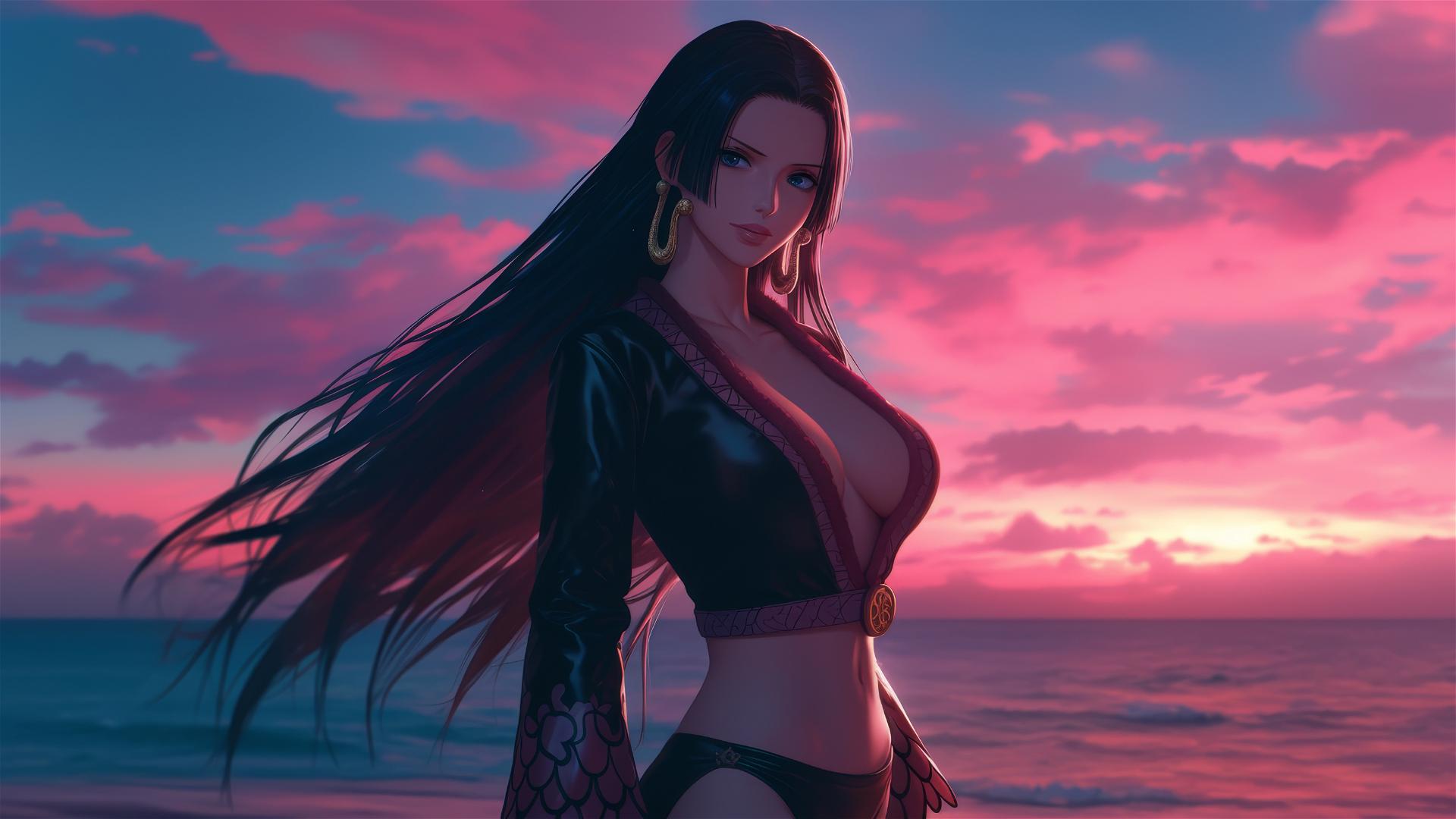 Boa Hancock in leather on a sunset beach with a neon pink sky