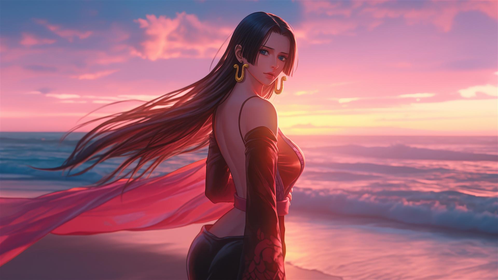 Boa Hancock from One Piece striding confidently across a beach at sunset in a black and pink leather outfit with gleaming gold earrings against a neon pink sky.