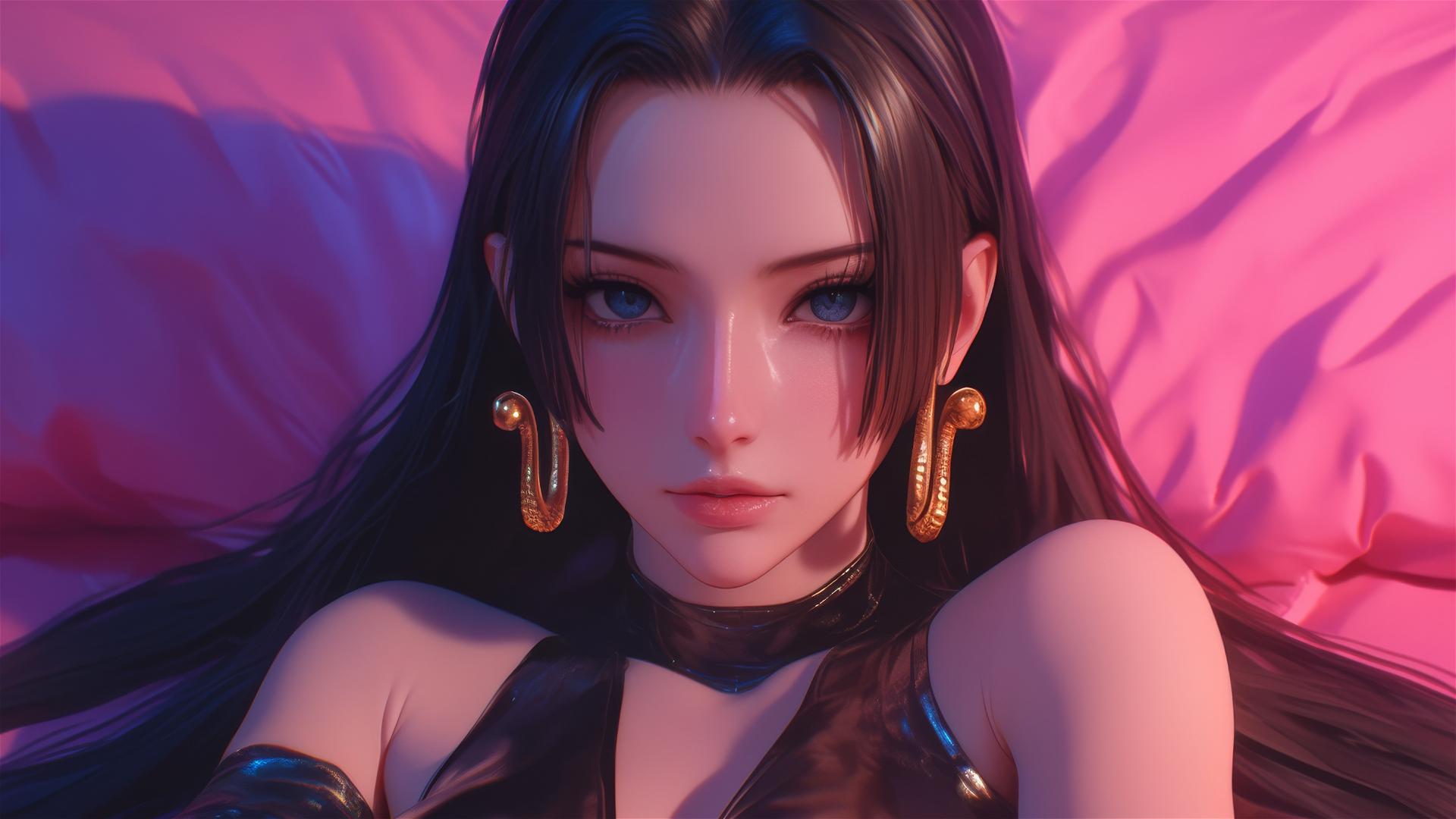 High-angle view of Boa Hancock in bed with neon pink backdrop