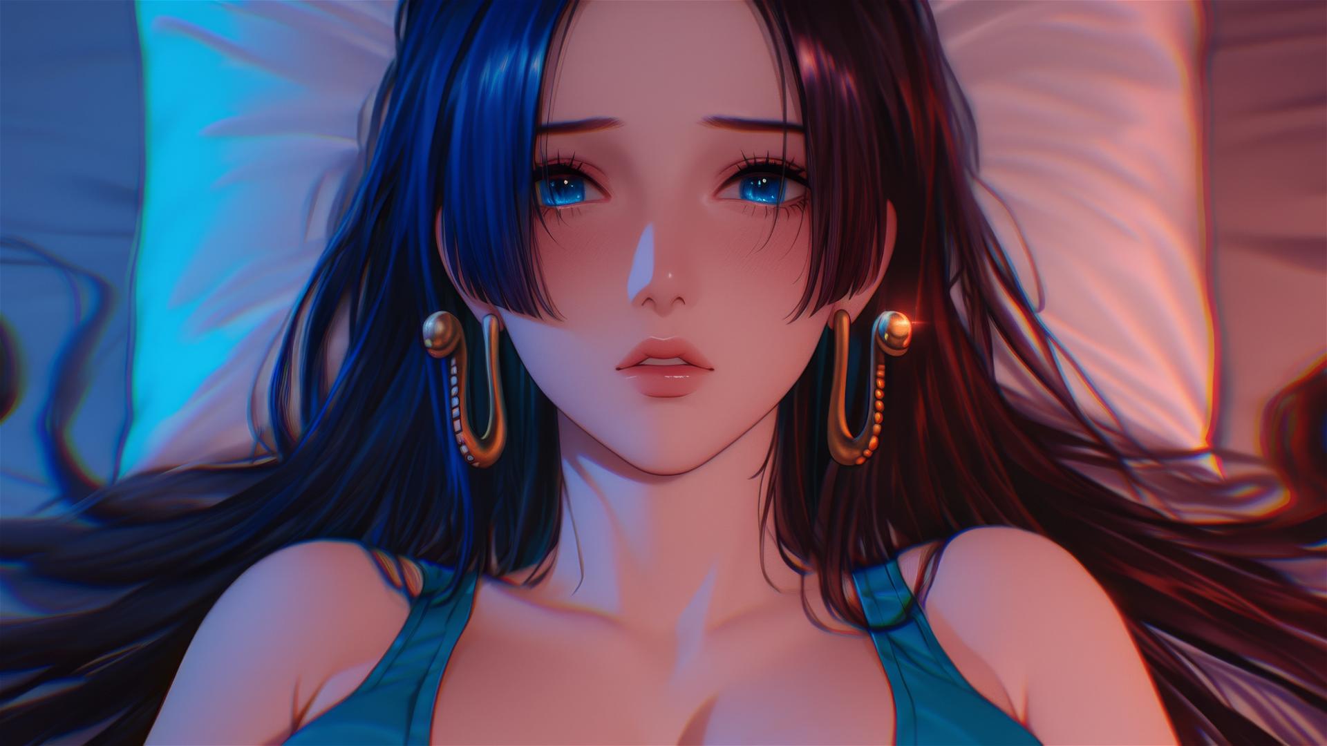Boa Hancock from One Piece in bed with neon colors and pink background