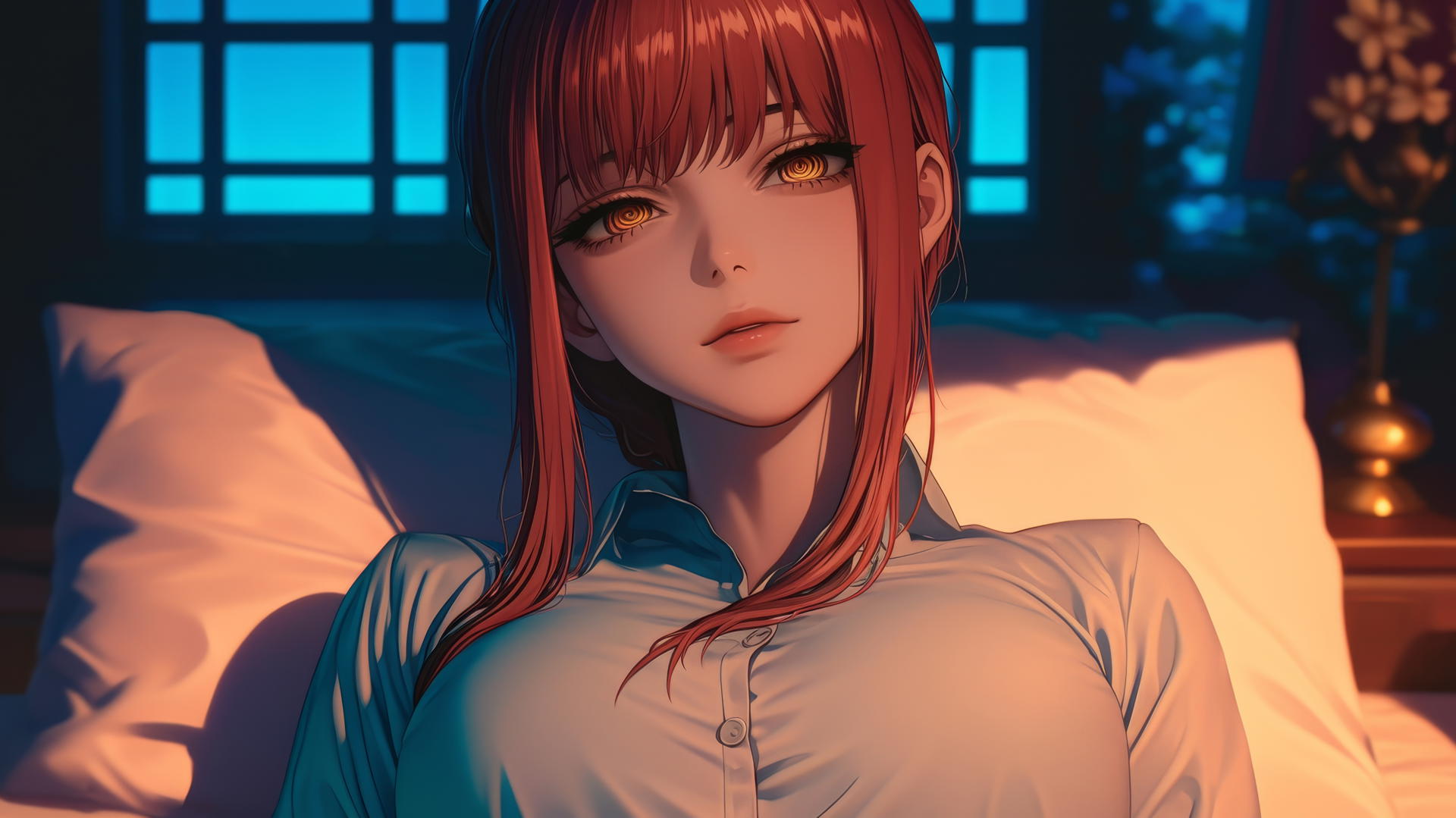 High angle view of Makima from Chainsaw Man in bed with reddish hair