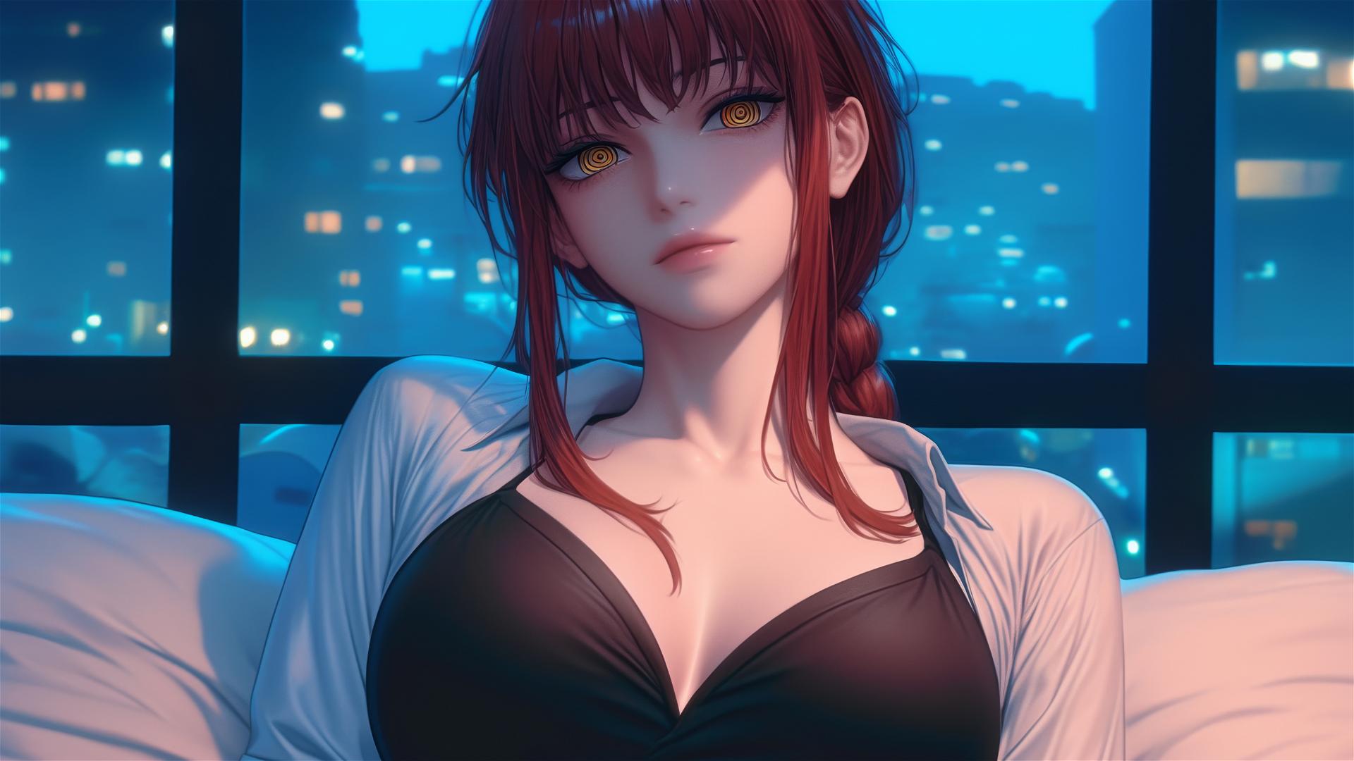 High angle view of Makima from Chainsaw Man lying in bed with reddish hair