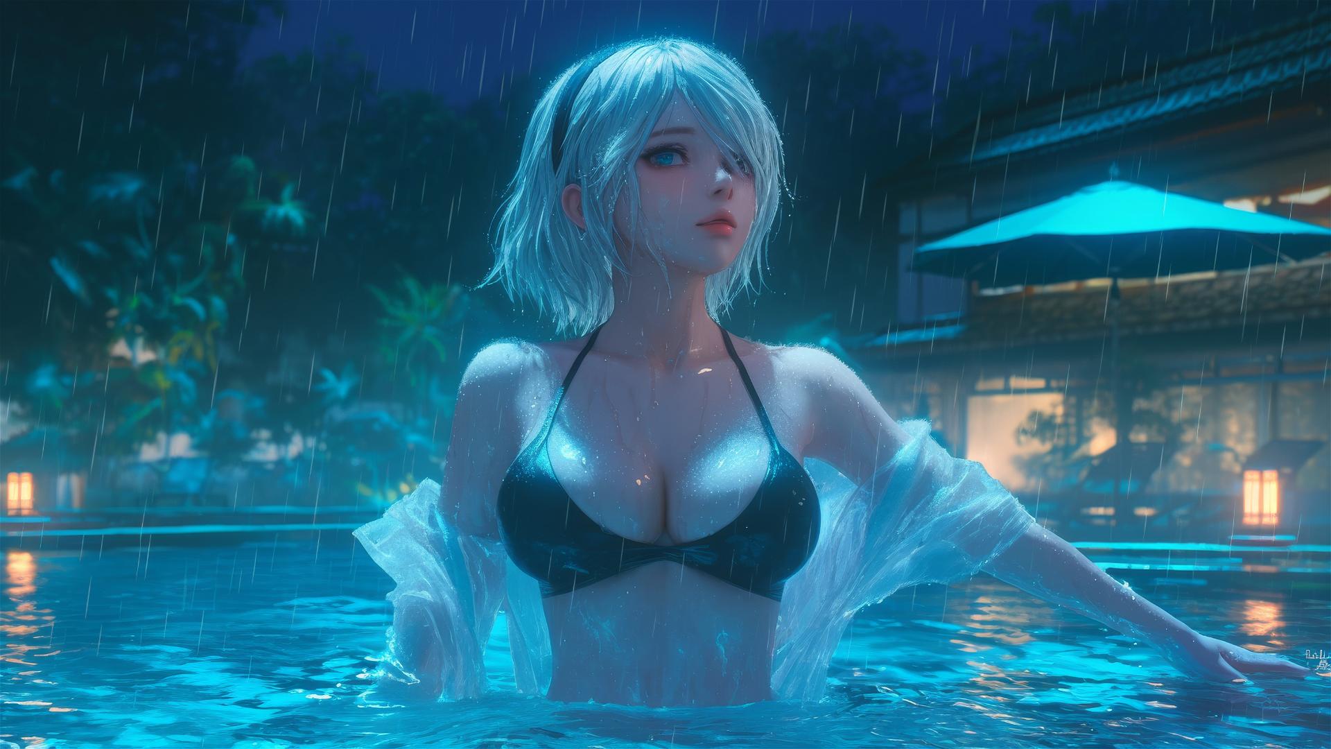 2B from Nier at a rainy pool under moonlight