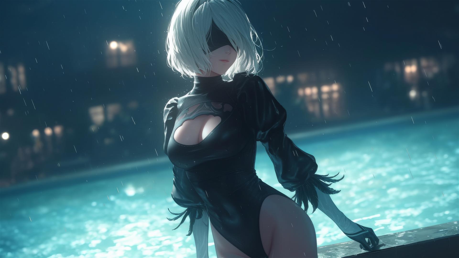 2B from Nier standing by a rainy swimming pool at night with moonlight glow