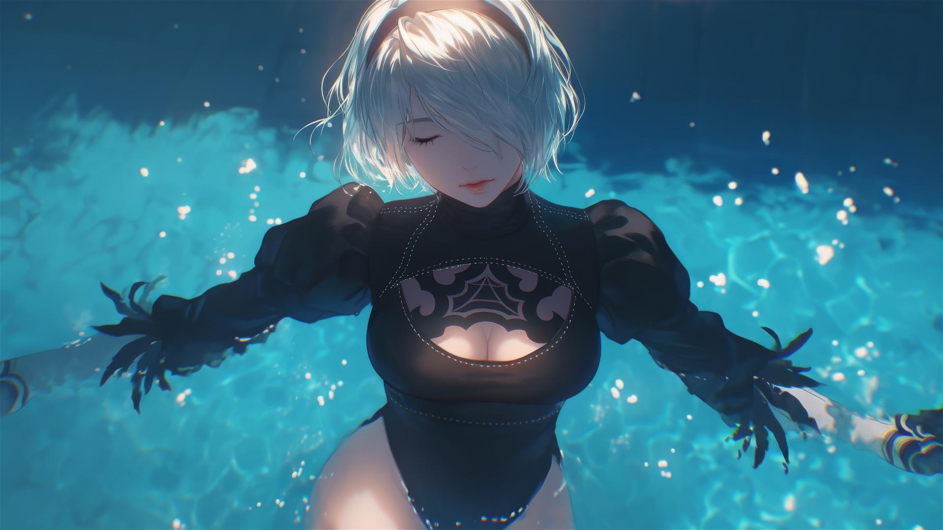 2B from Nier resting by a rainy swimming pool under moonlight