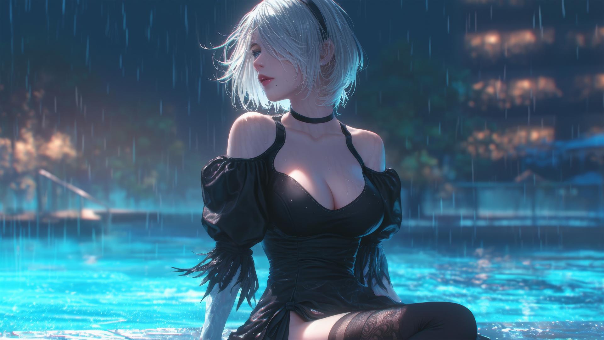 2B from Nier in casual attire resting at a rainy swimming pool under moonlight.
