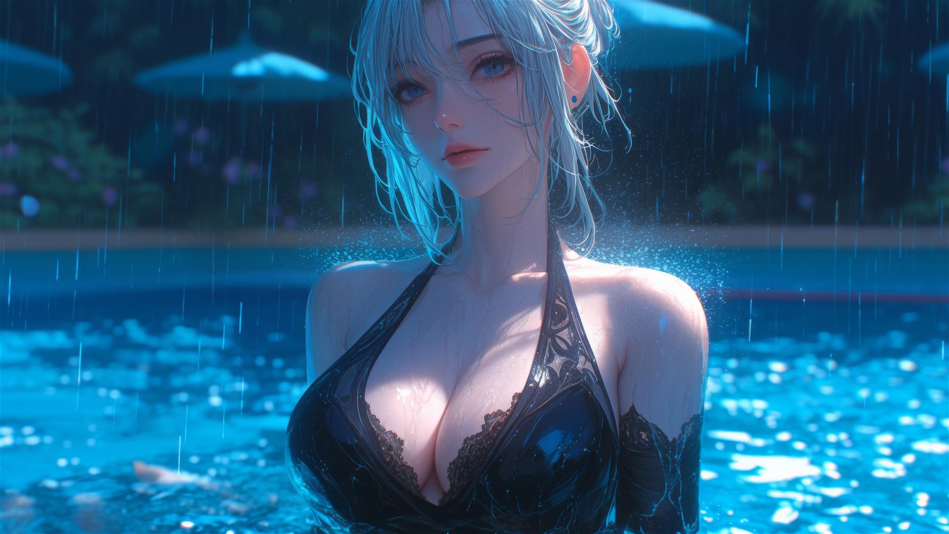 2B from Nier in casual attire, sitting relaxed by a rainy pool with moonlight.