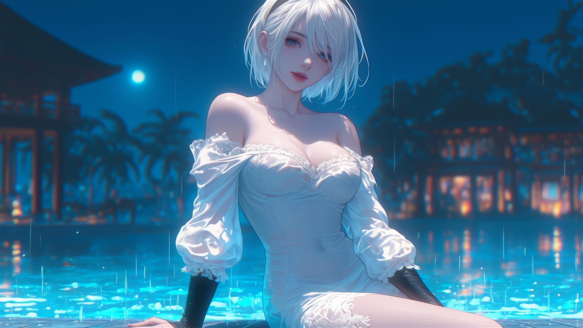 2B from Nier in casual white clothing, sitting by a rainy pool with soft moonlight