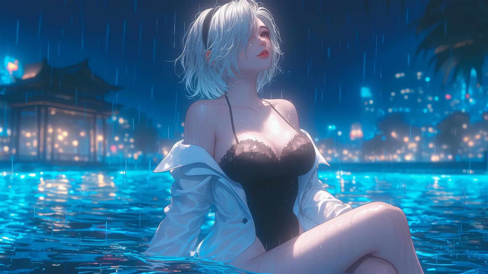 2B from Nier in white casual clothing, sitting relaxed at a rainy pool with moonlight glow.
