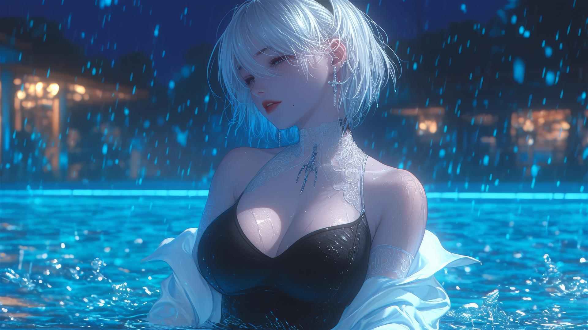 2B from Nier in pure white casual clothing, sitting relaxed by a rainy pool with moonlight glow.