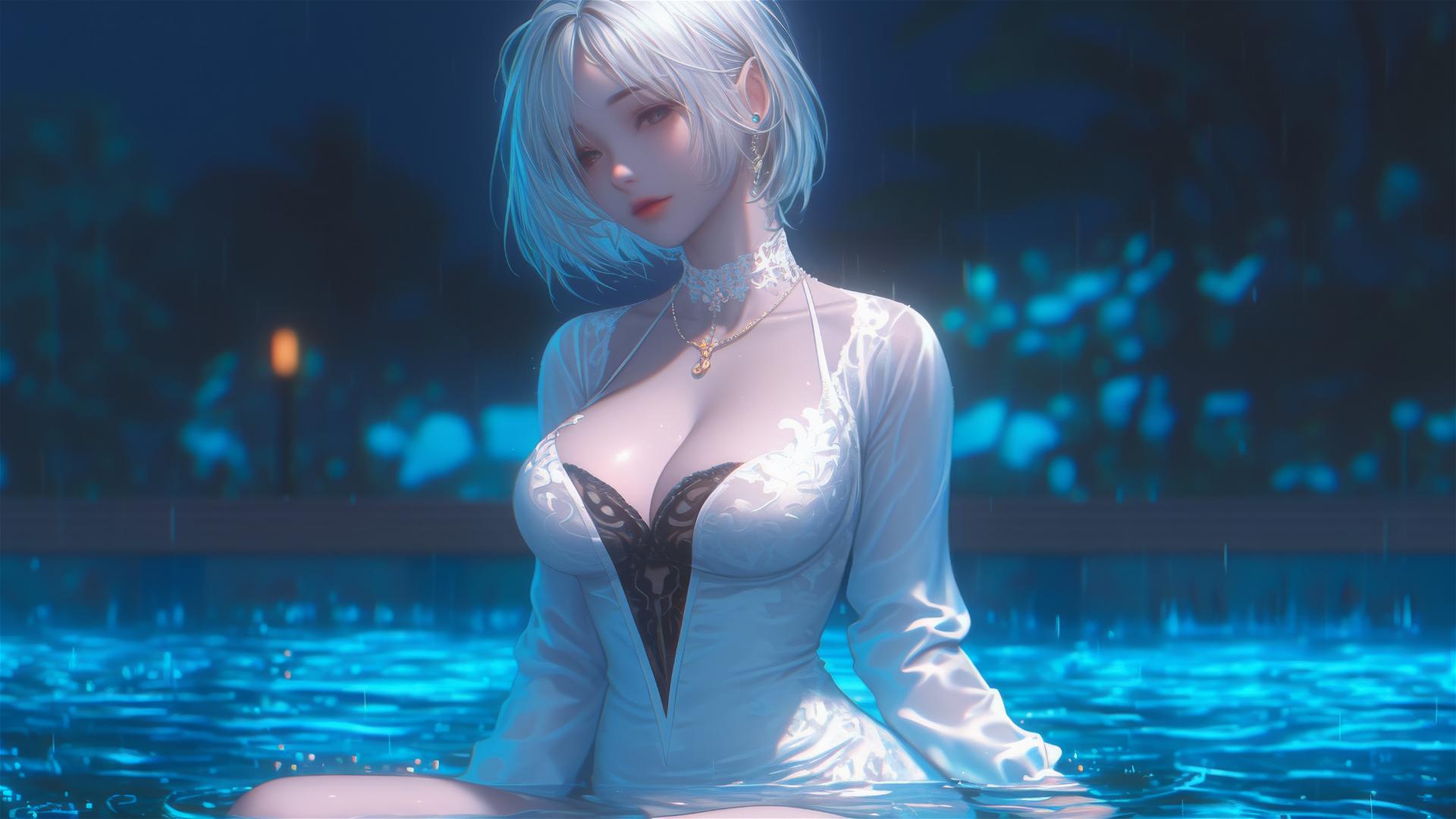 2B from Nier in pure white clothing sitting relaxed at a rainy swimming pool under moonlight