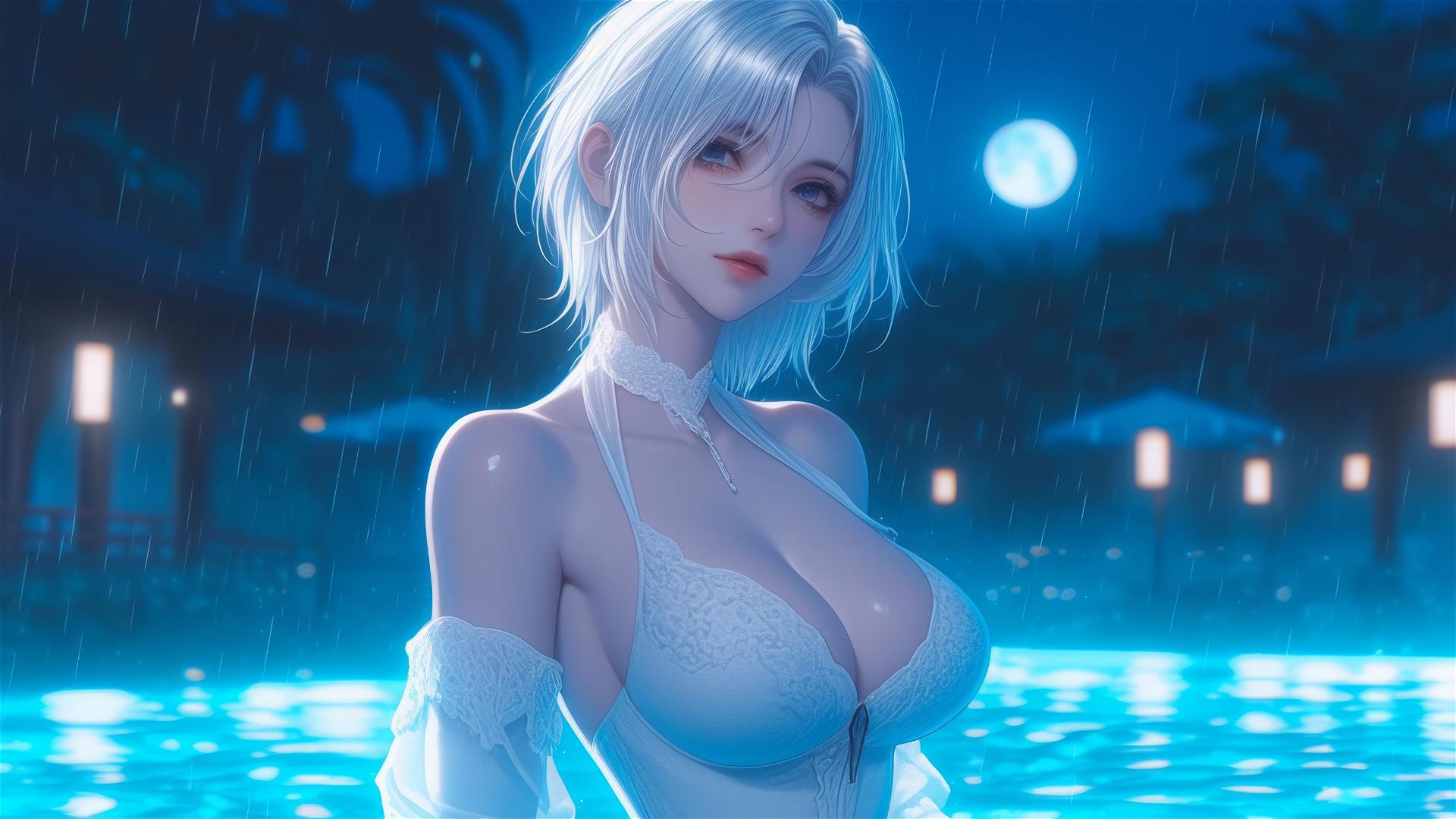 2B from Nier in pure white casual clothing sitting relaxed by a rainy swimming pool under moonlight with short white hair.