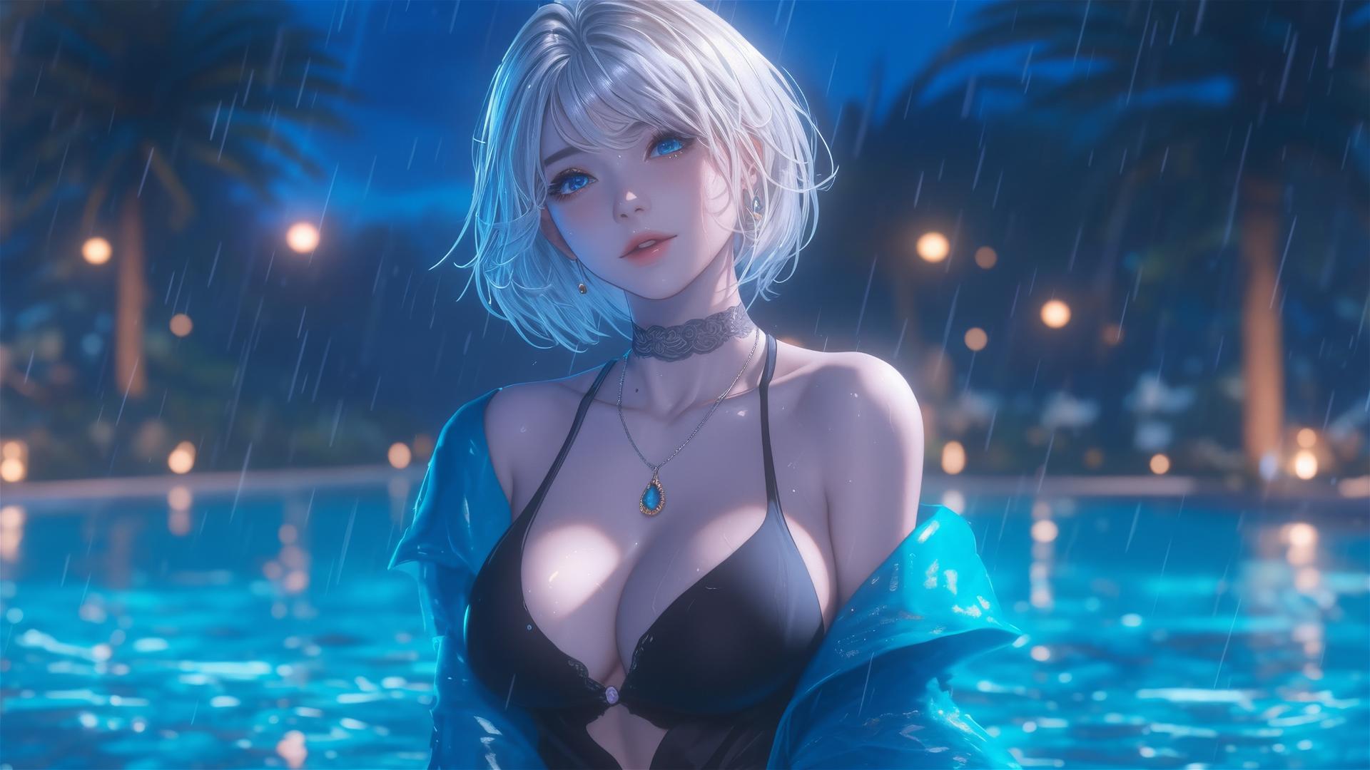2B from Nier in casual attire, relaxing by a rainy pool under moonlight