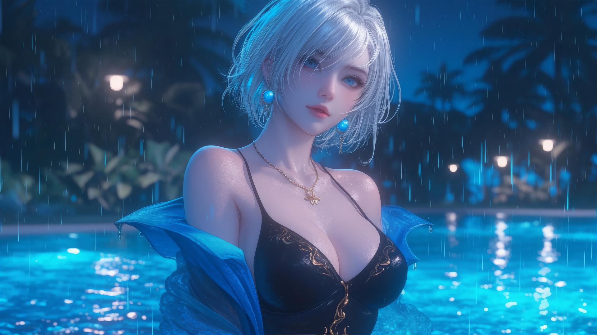 2B from Nier in casual attire sitting relaxed by a rainy swimming pool, moonlight glow