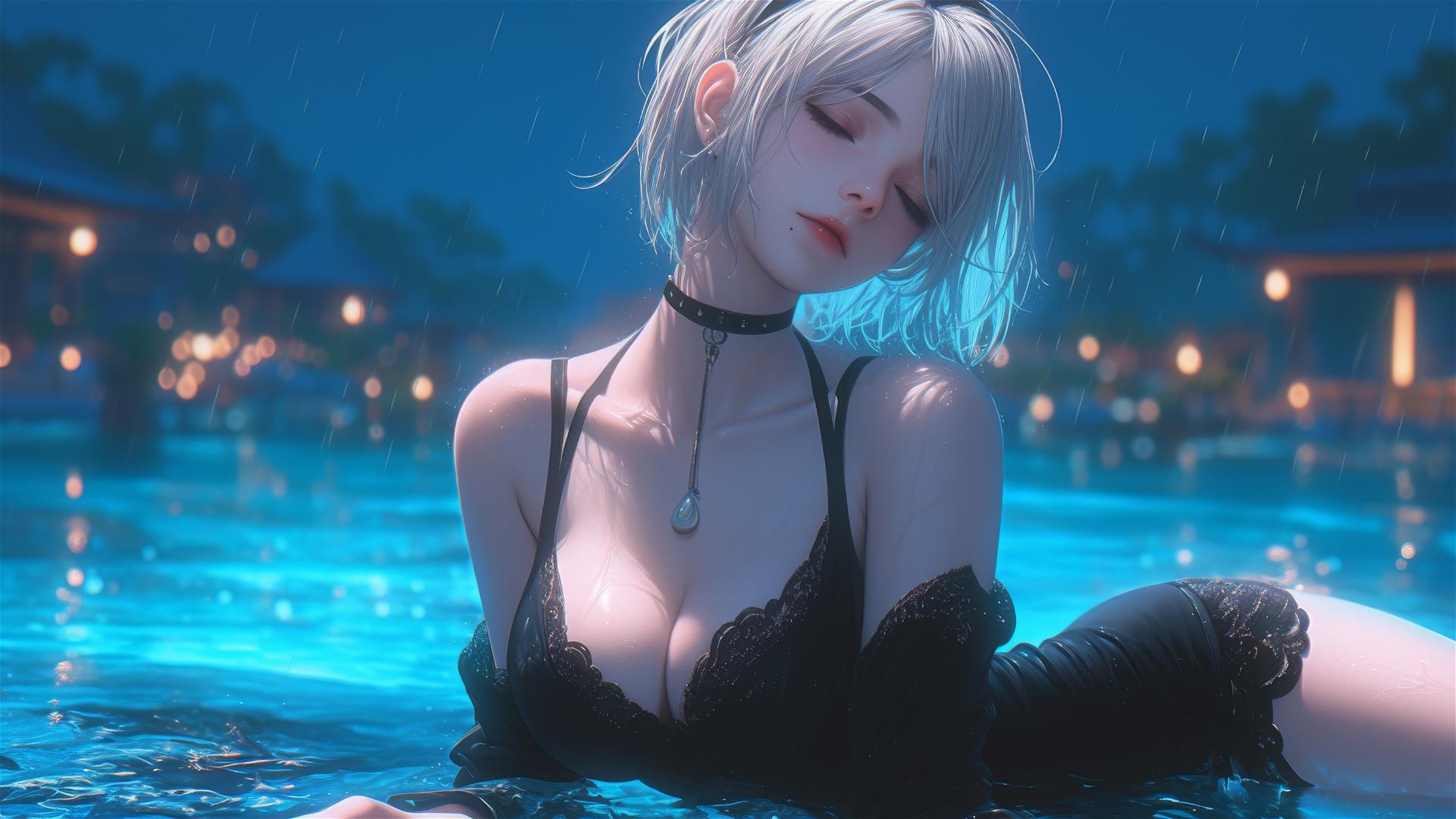 2B from Nier in casual clothes resting by a rainy pool under moonlight