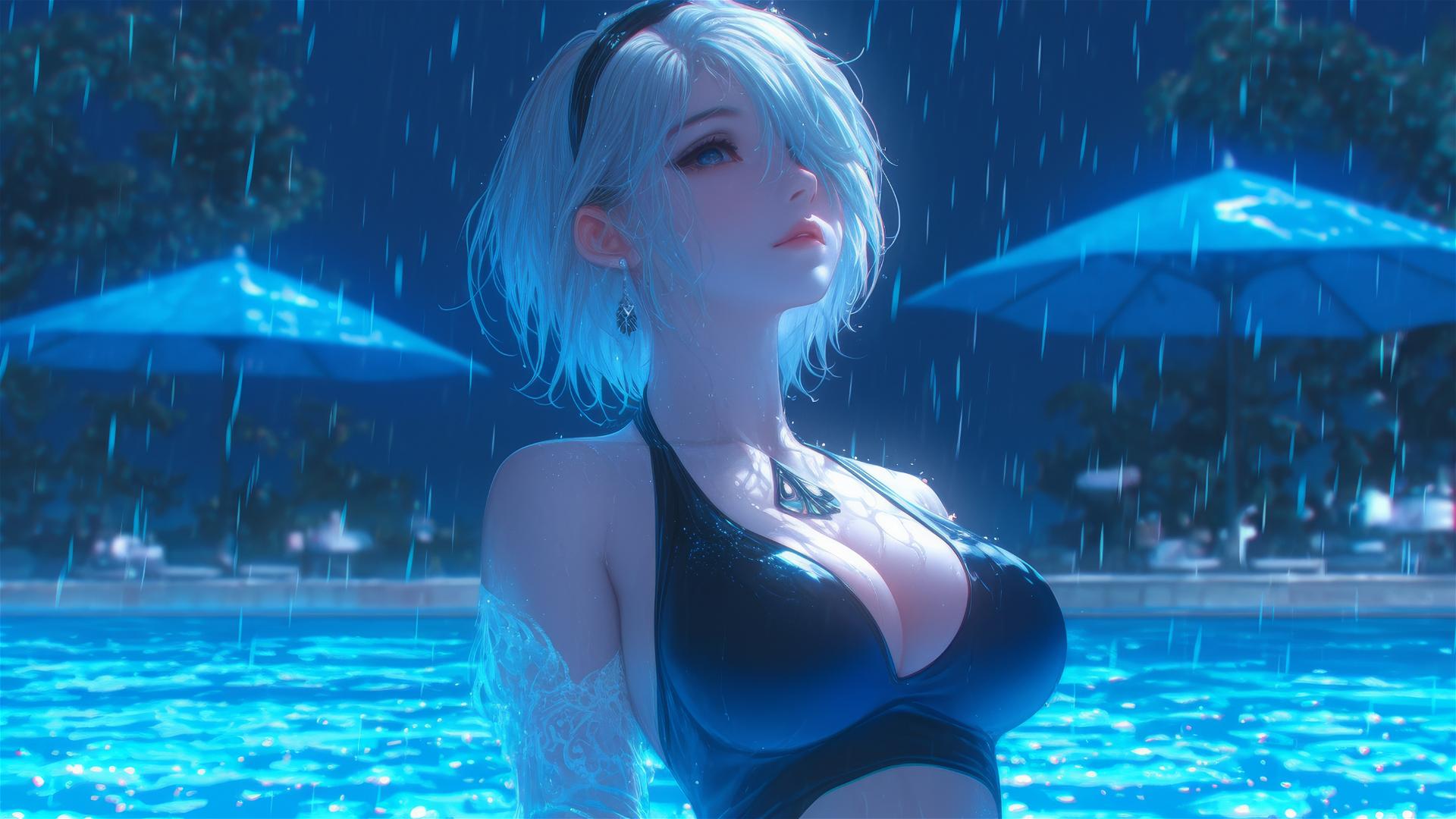 2B from Nier in casual attire, sitting relaxed by a rainy swimming pool with moonlight glow.