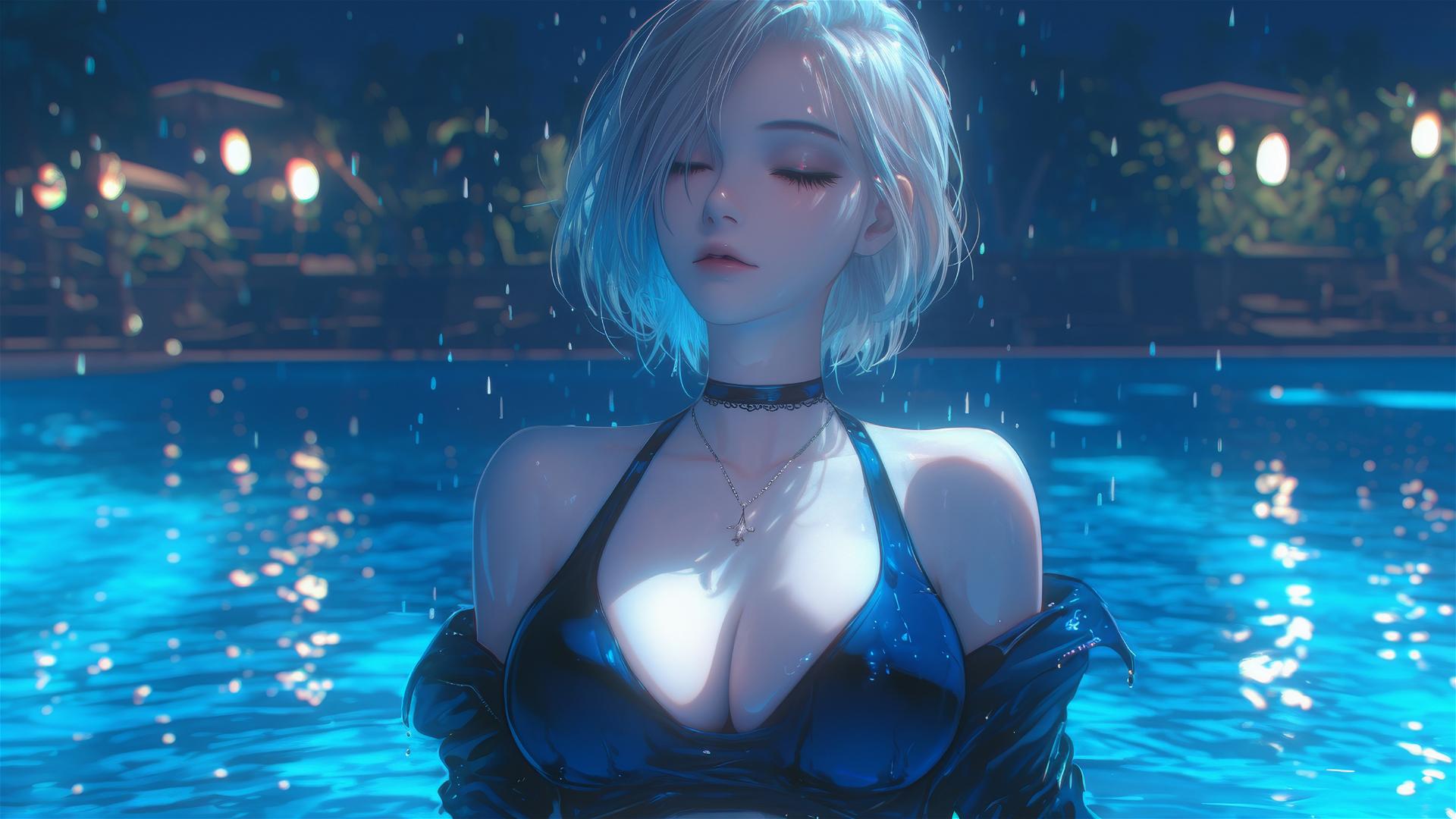 Female character 2B from Nier in casual attire sits relaxed by a rainy swimming pool, moonlight glowing.