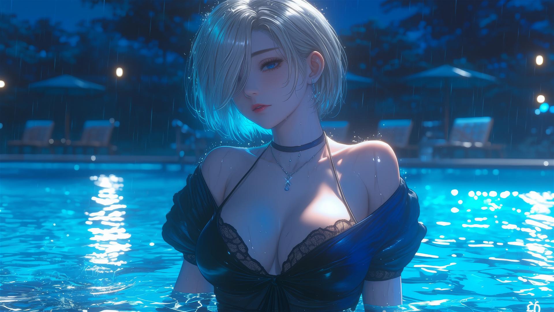 2B from Nier in casual attire sitting by a rainy swimming pool with moonlight.