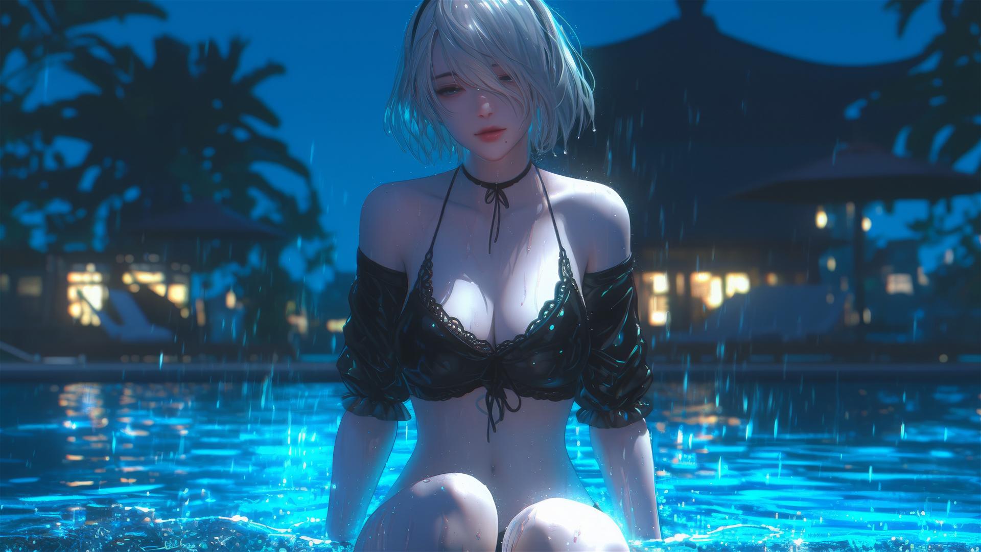 2B from Nier in casual attire relaxing by a rainy swimming pool with moonlight glow