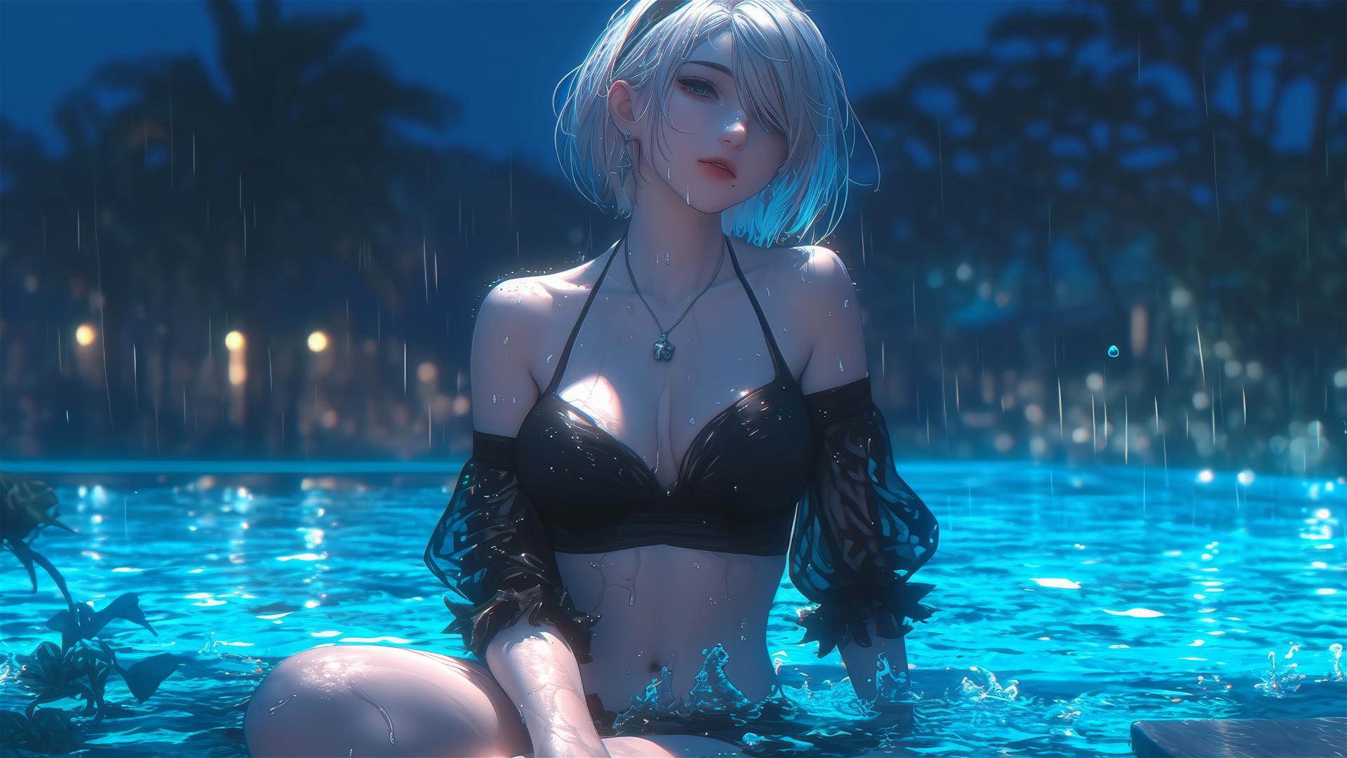 2B from Nier in casual attire, sitting relaxed by a rainy pool under moonlight