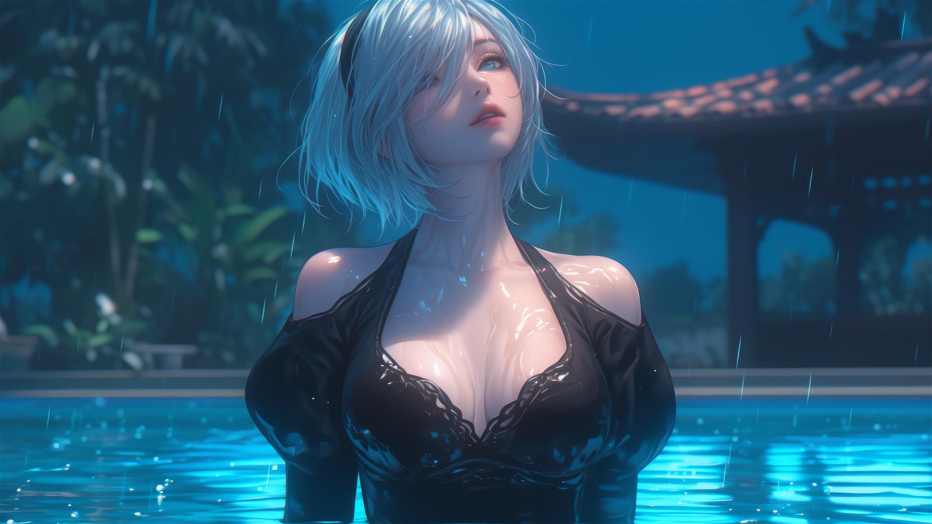 2B from Nier in casual attire, sitting by a rainy pool with moonlight glow