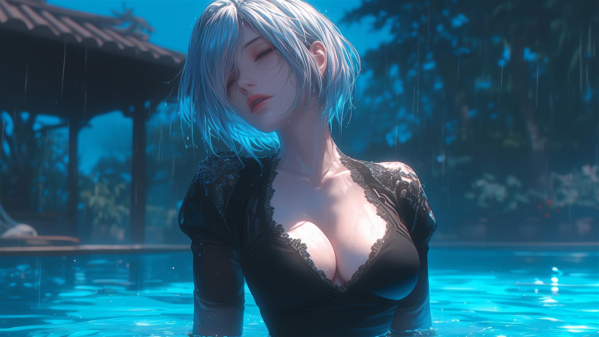 2B from Nier in casual attire, resting at a moonlit rainy pool