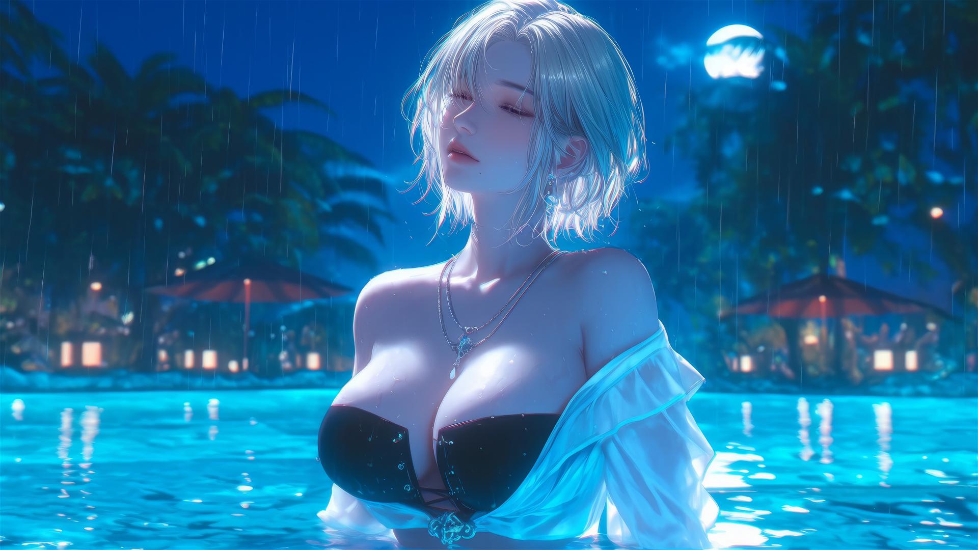 2B from Nier in casual attire sitting by a rainy swimming pool with moonlight