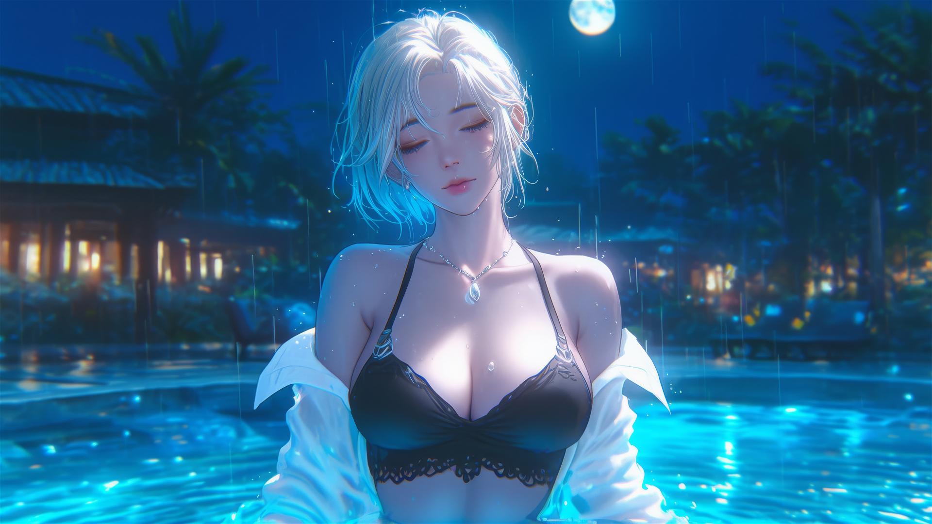 2B from Nier in casual attire, resting by a moonlit pool