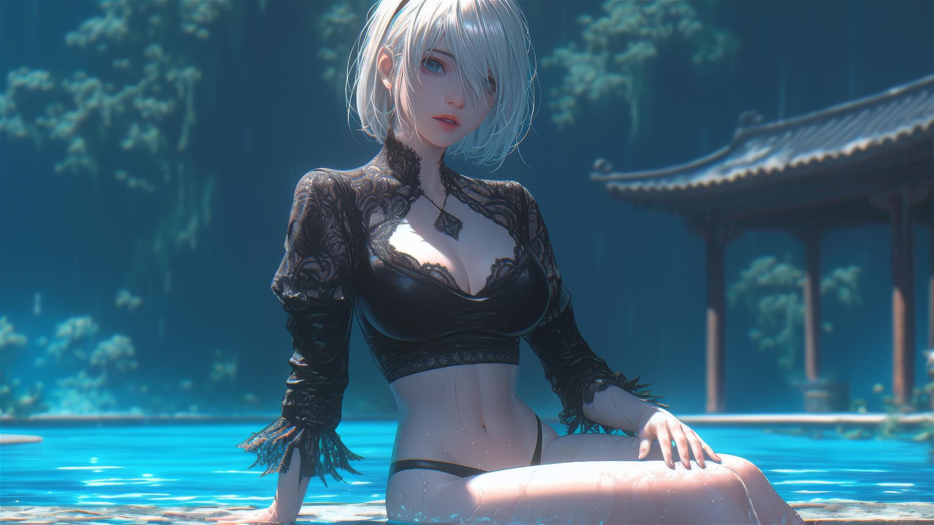2B from Nier in casual attire, sitting by a rainy pool under moonlight