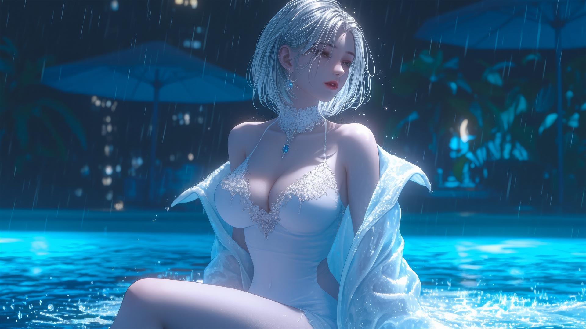 2B from Nier in white, sitting relaxed by a rainy swimming pool with moonlight glow.
