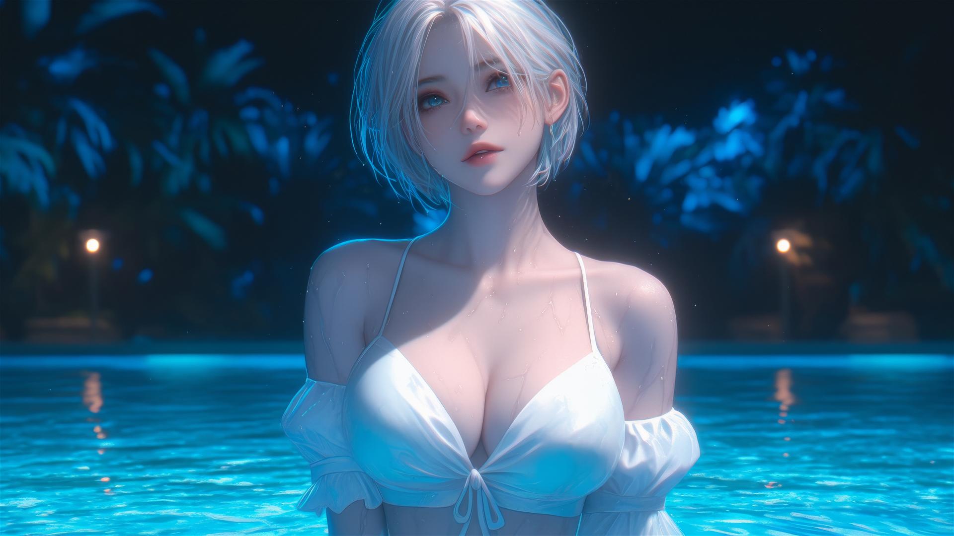 2B from Nier sitting by a rainy swimming pool under moonlight.