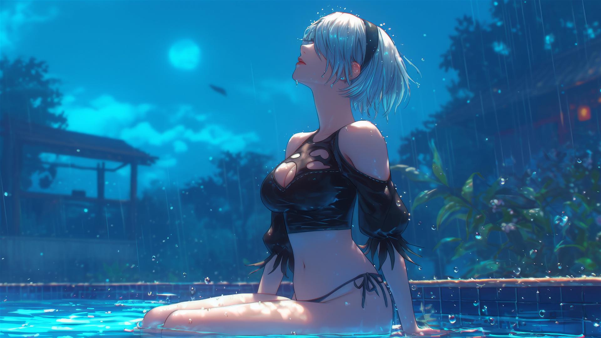 2B from Nier with pink dress sitting by a rainy pool under moonlight