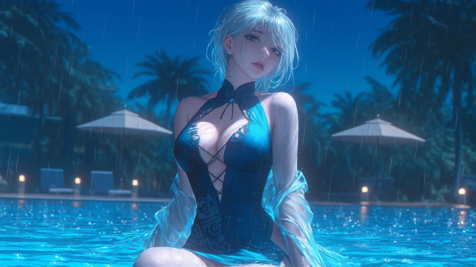 2B from Nier in pink, relaxed, sitting at rainy pool under moonlight.