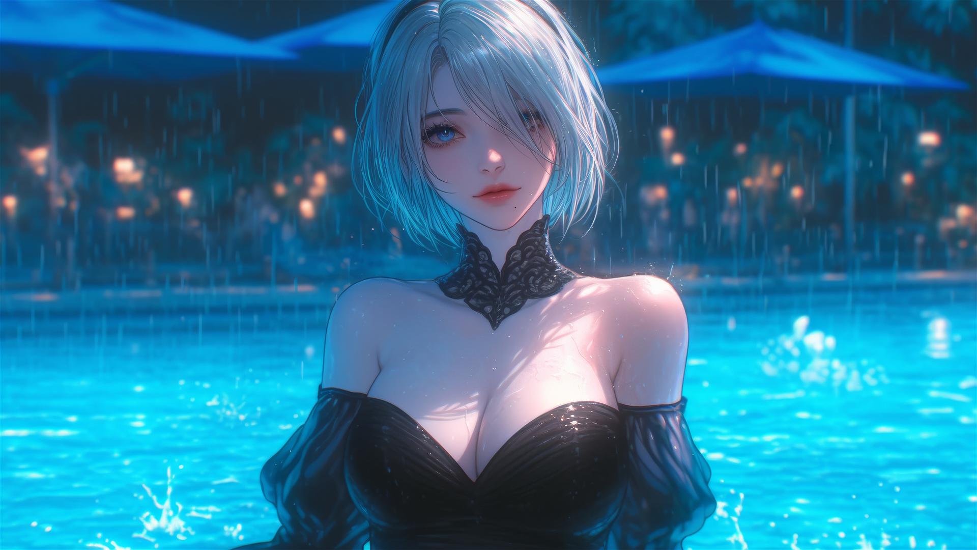 2B from Nier in pink, resting at rainy pool under moonlight with short hair