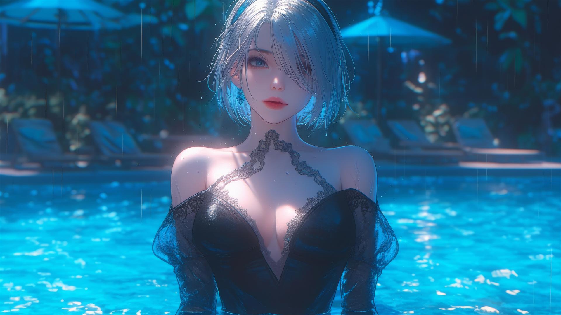 2B from Nier in pink, sitting by a rainy swimming pool with moonlight glow